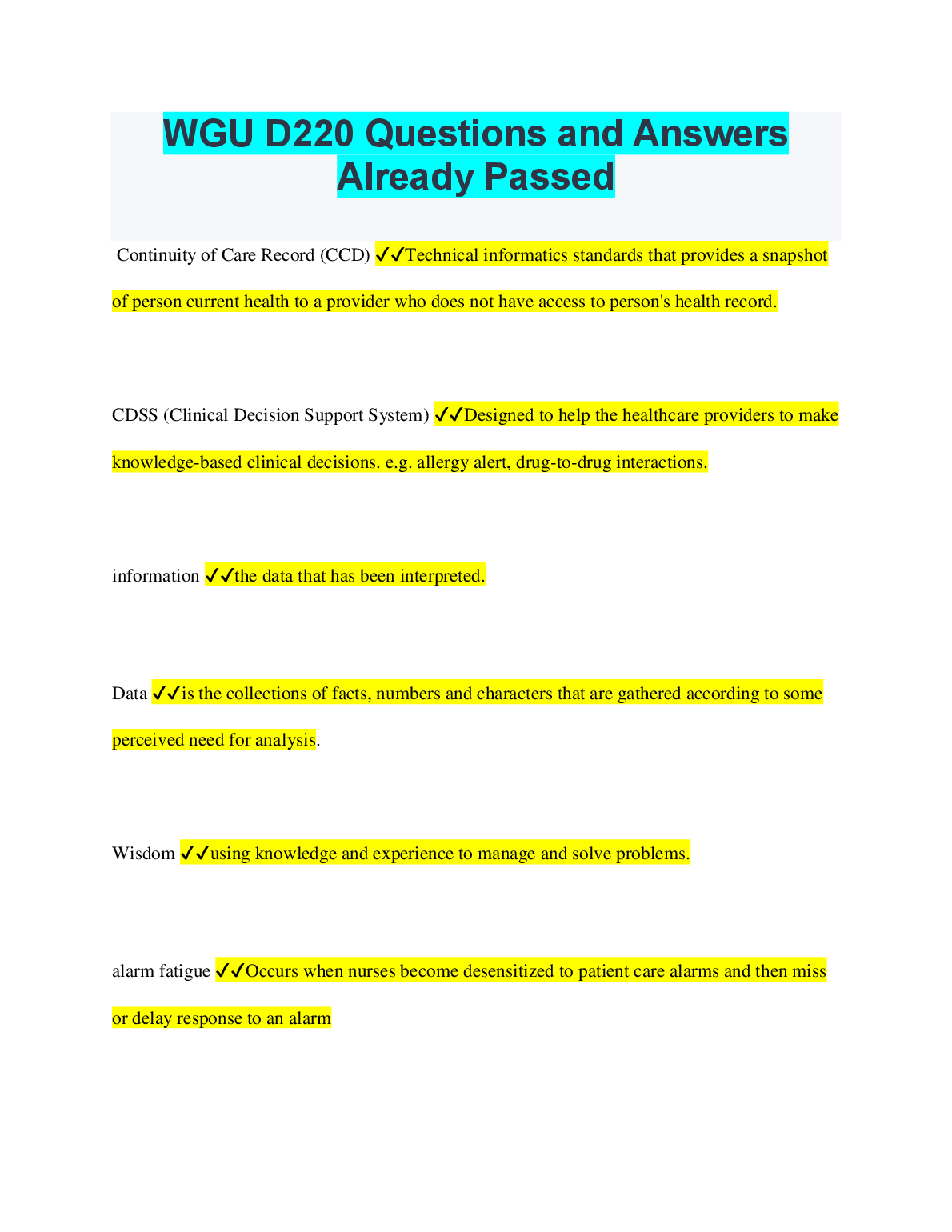 WGU D220 Q&A: Nursing Informatics Study Guide & Test Bank