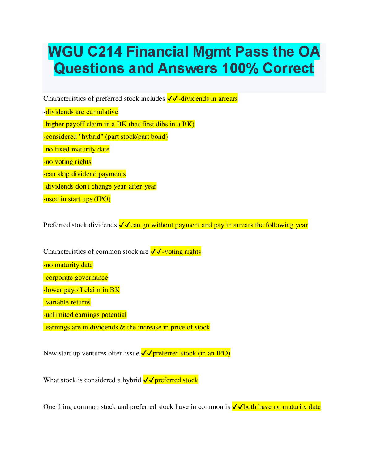 WGU C214 Financial Mgmt OA Qs & As | 100% Correct 2023
