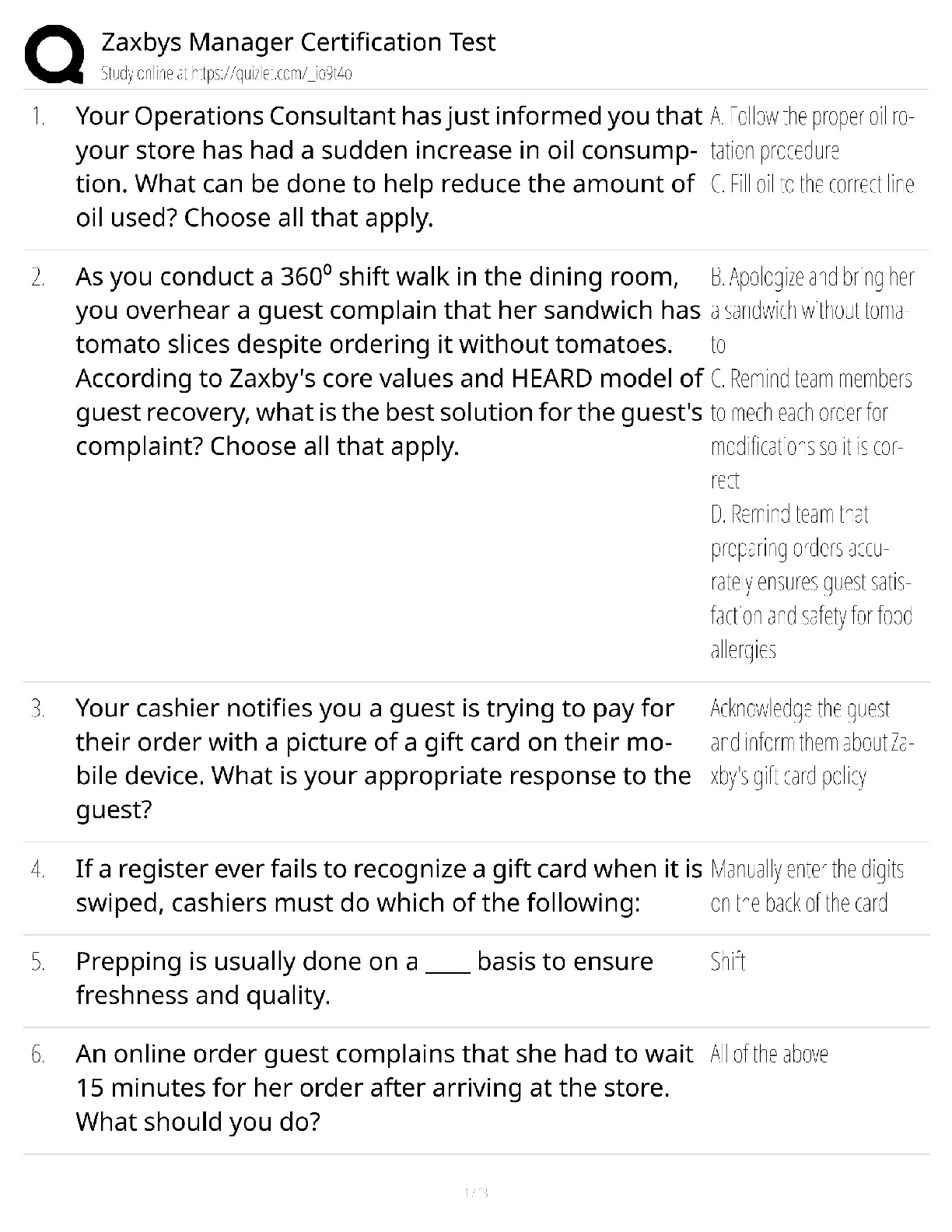 Zaxby's Manager Certification Exam Prep Questions 2026/27