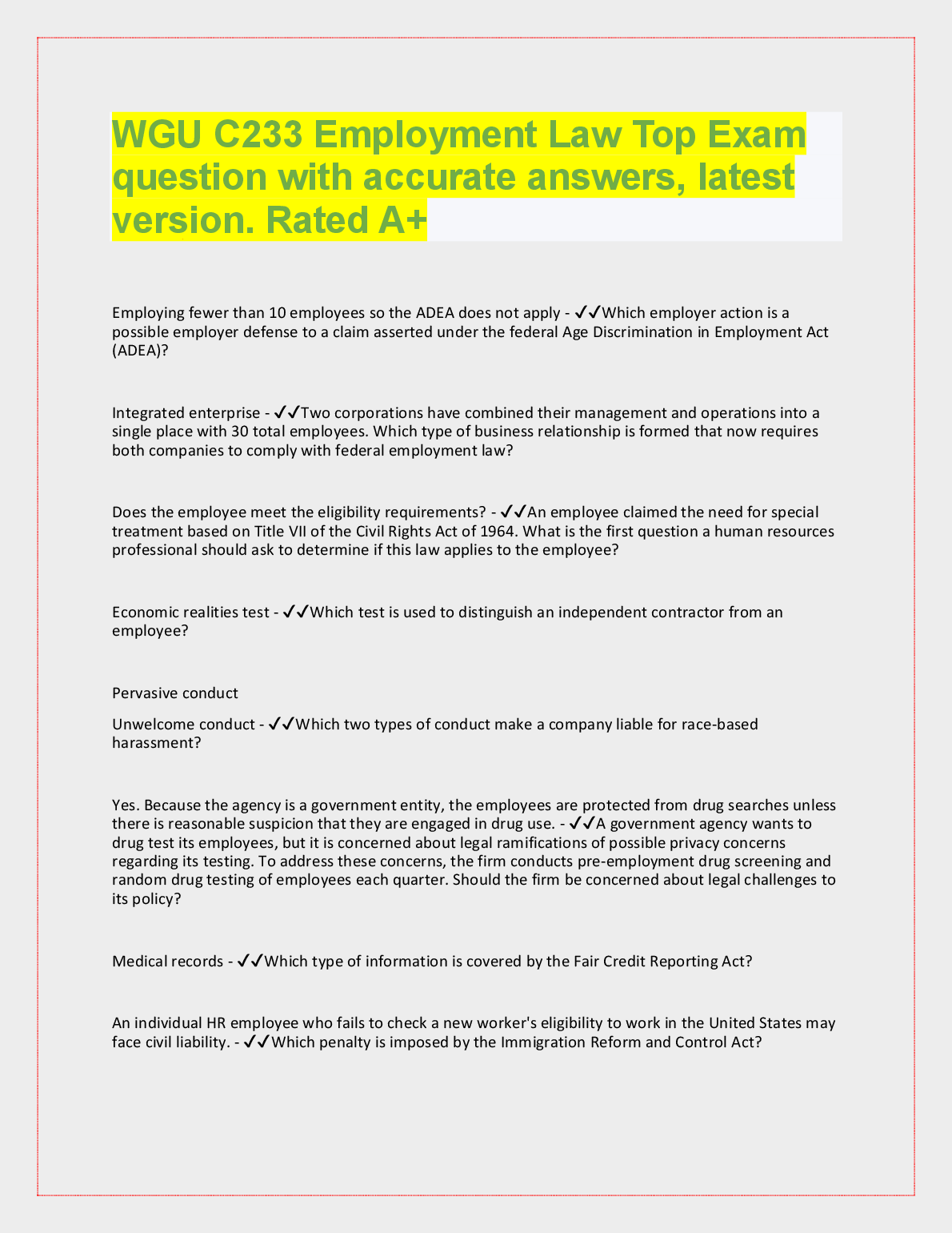 WGU C233 Employment Law Study Guide Top Questions 2024