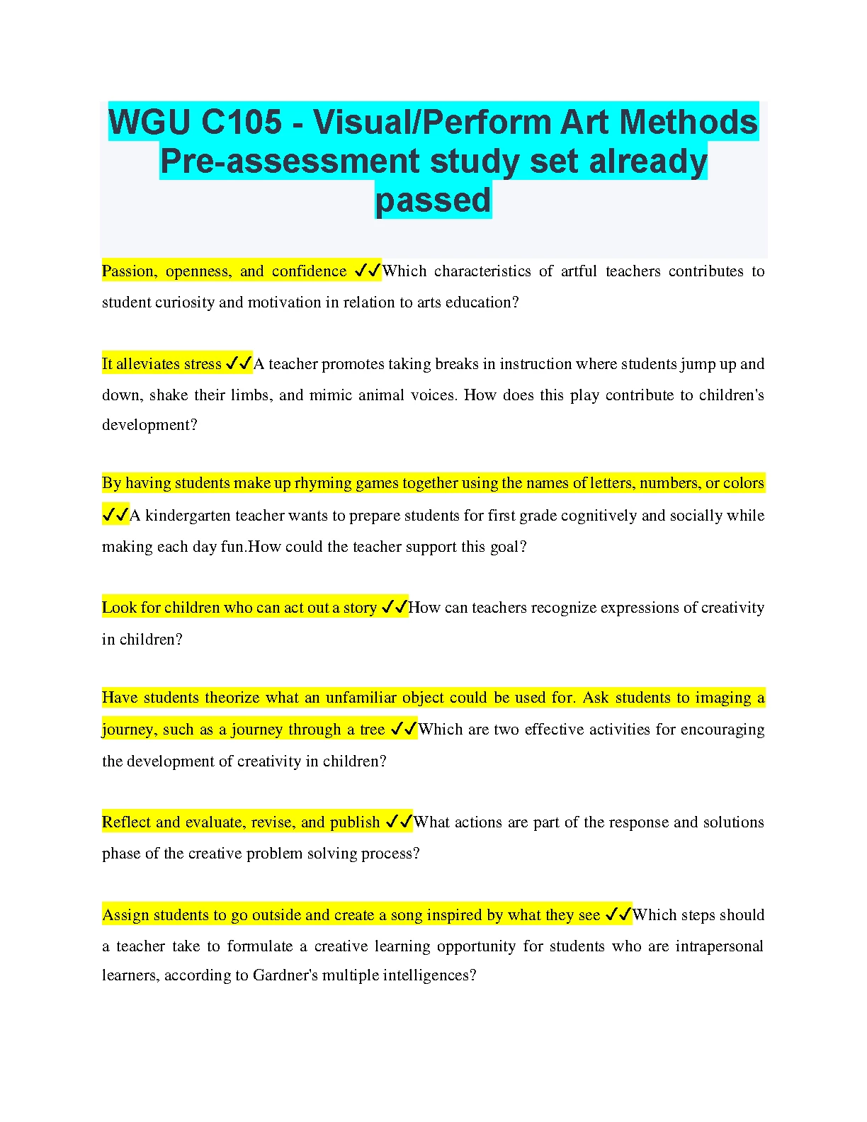 WGU C105 Arts Ed Pre-Assessment Study Guide 2023-2024 IMG-1