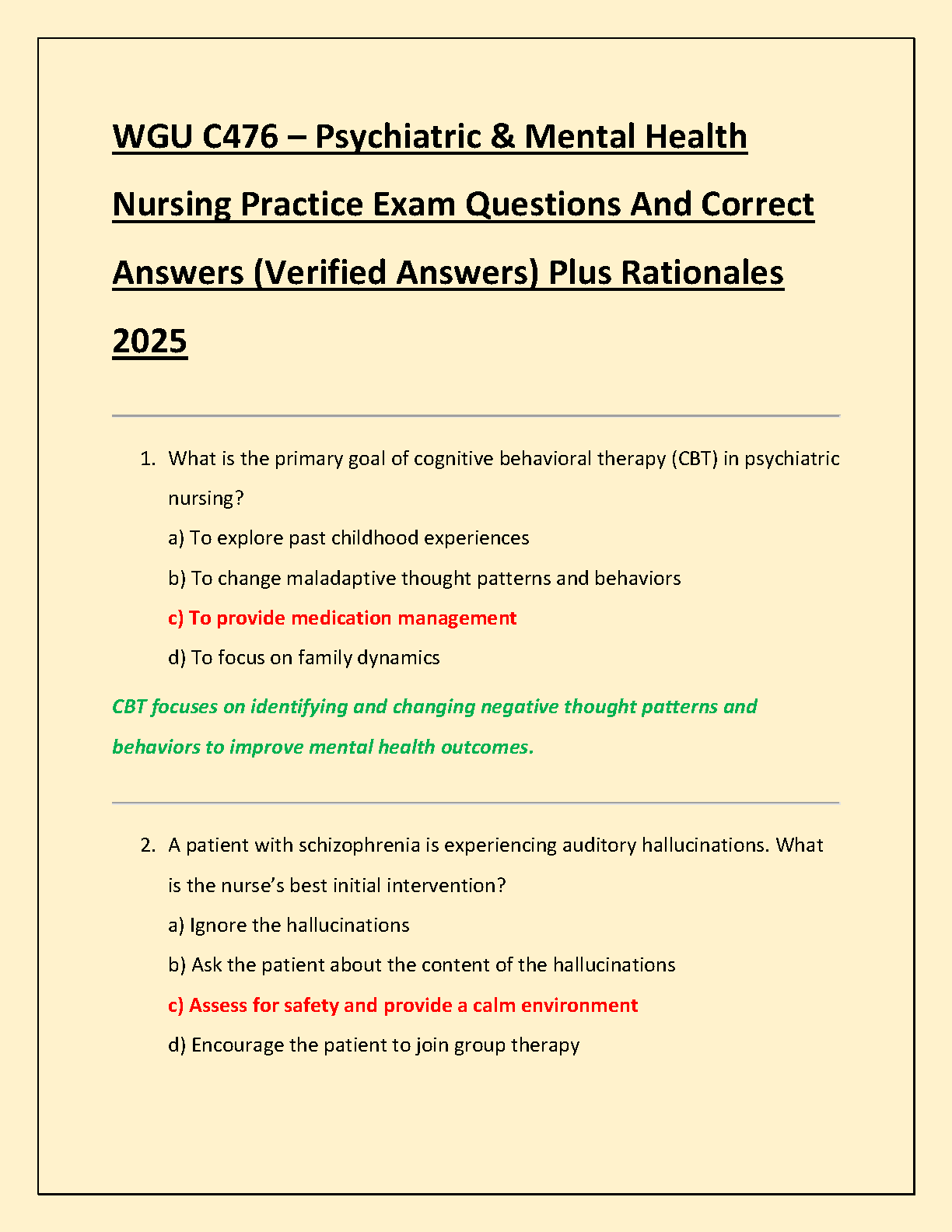 WGU C476 Psychiatry Exam Questions, Answers & Rationales 2025
