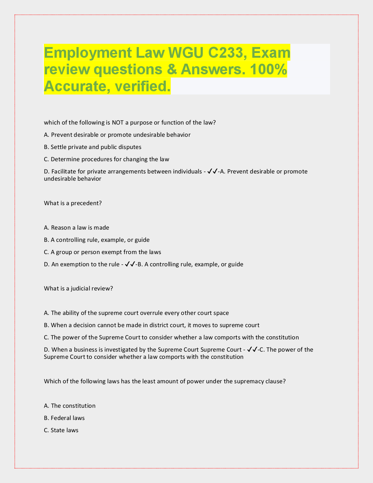 WGU C233 Employment Law Exam Review Questions & Answers