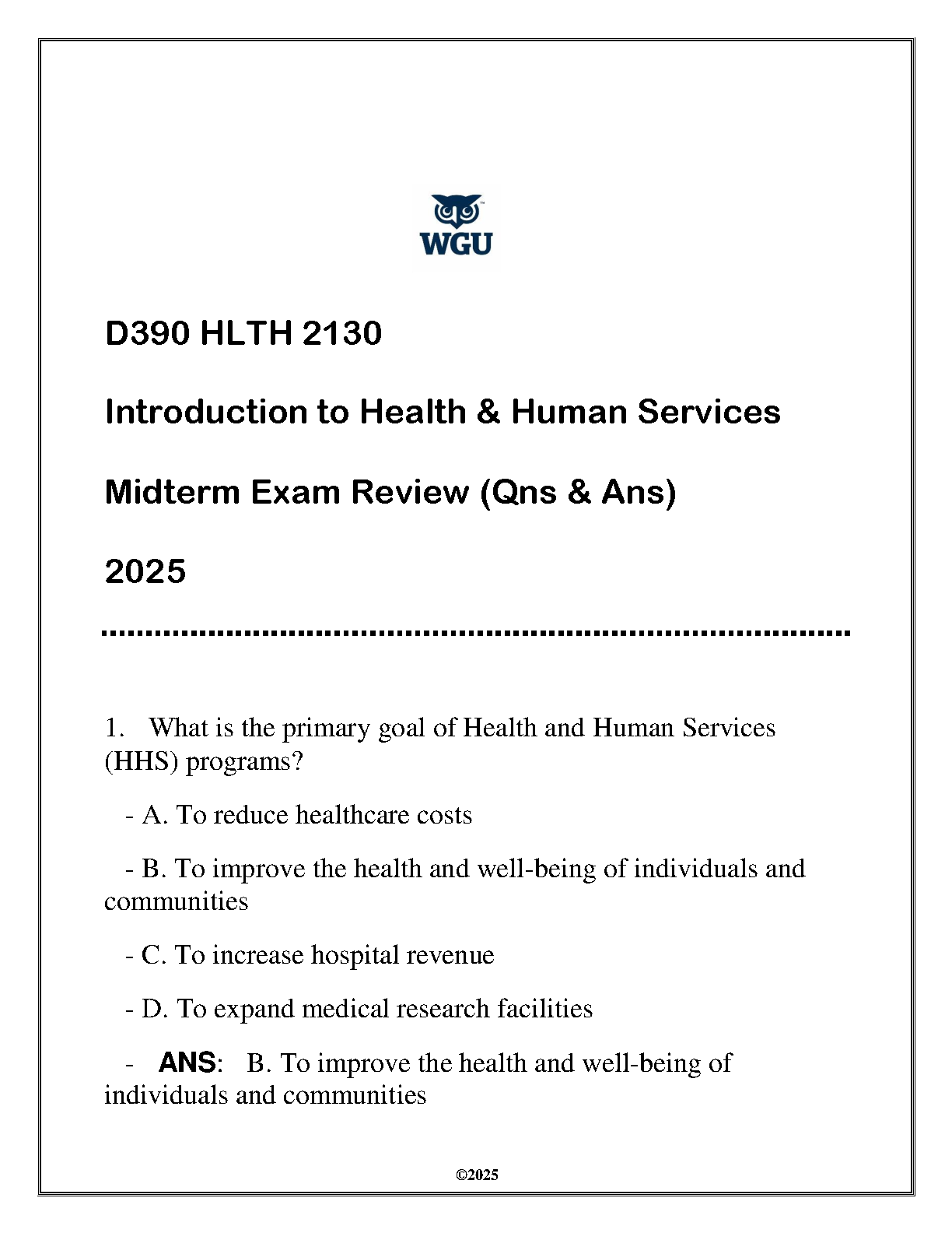 WGU HLTH 2130 Midterm Review 2025 Q&A Study Guide