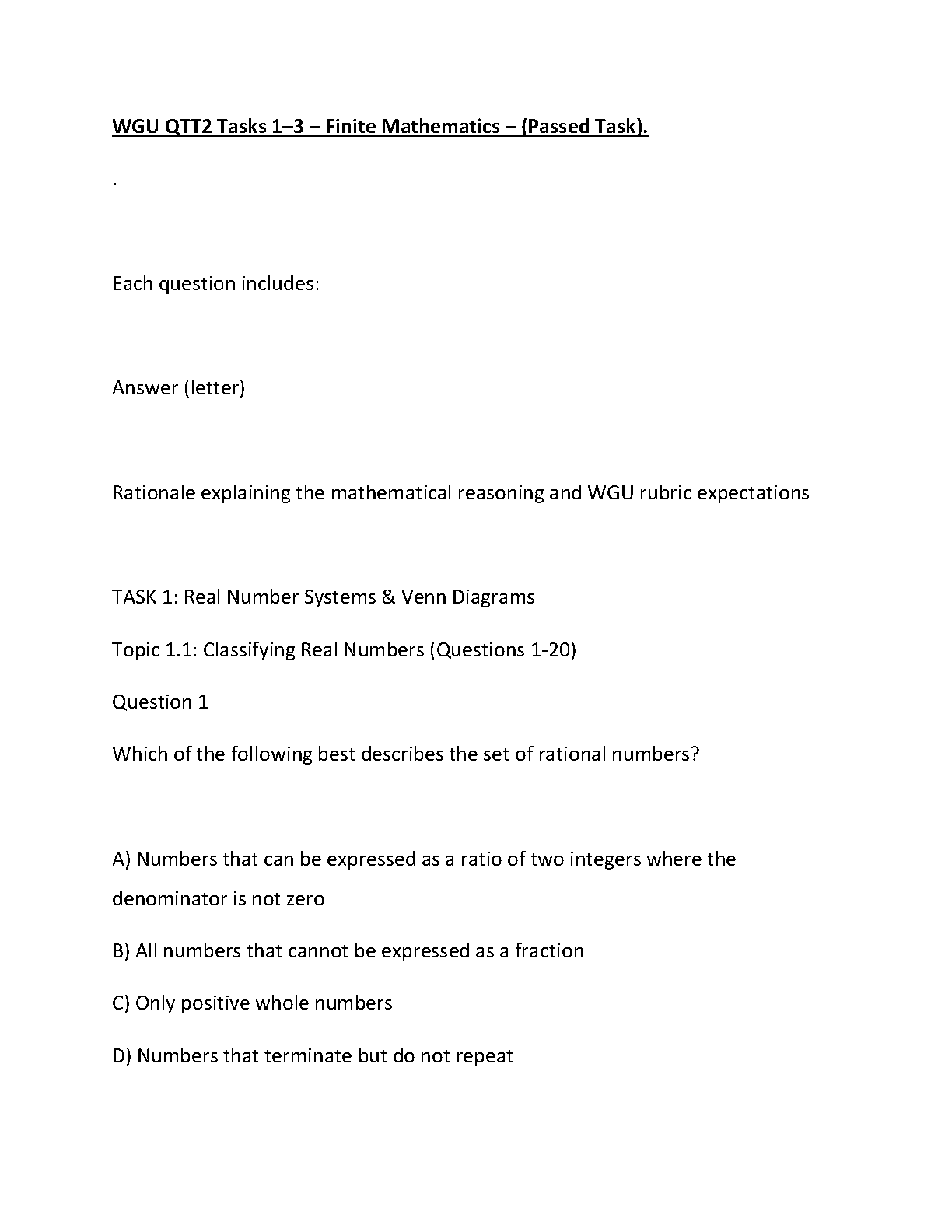 WGU QTT2 Math Guide: Real Numbers & Venn Diagrams Tasks 1-3