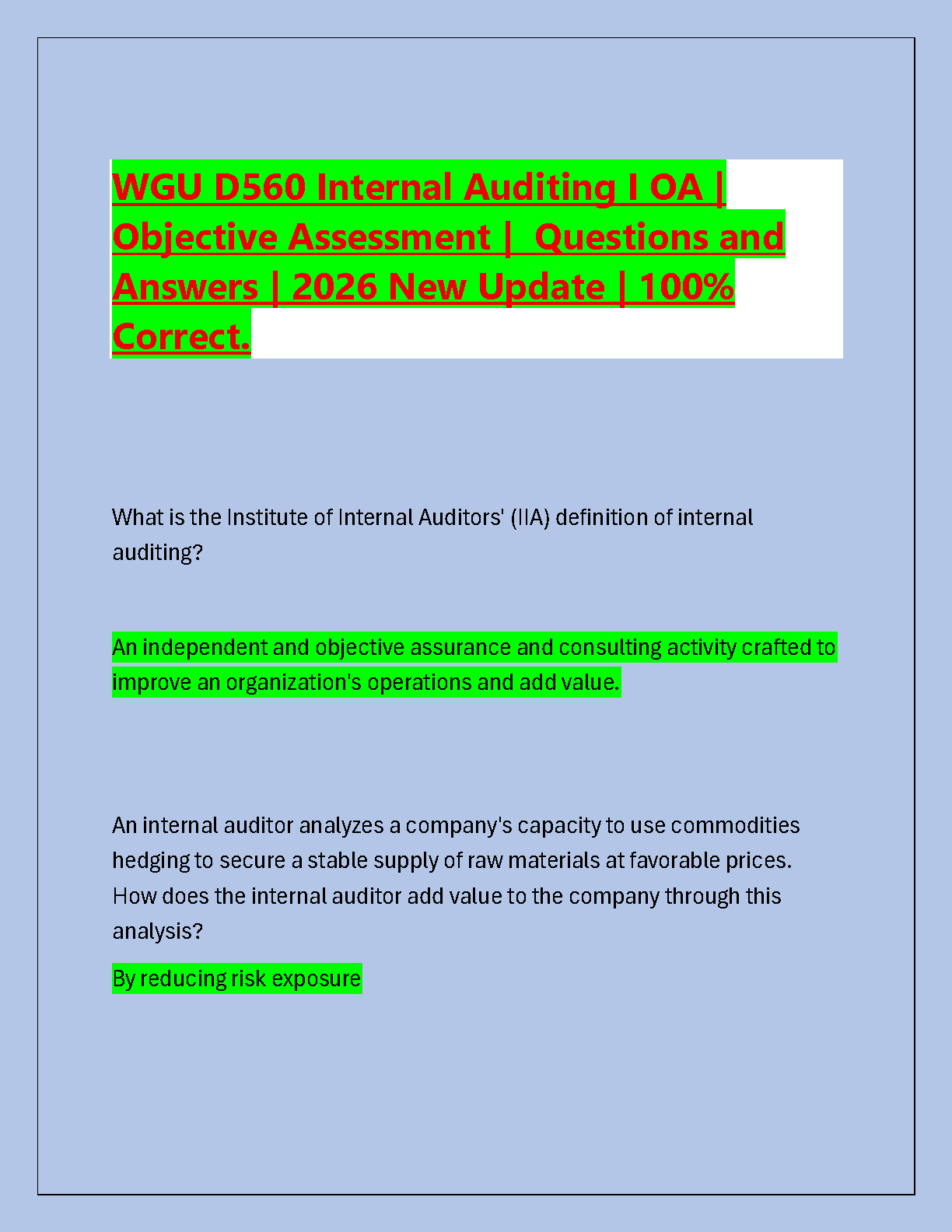 WGU D560 Internal Auditing I Test Bank 2026 Verified Answers IMG-1