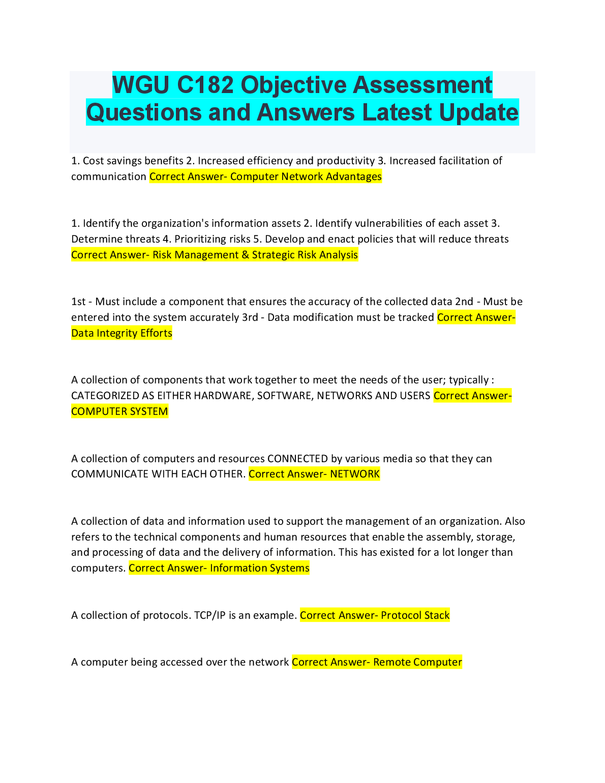 WGU C182 Info Systems Question Bank & Answers