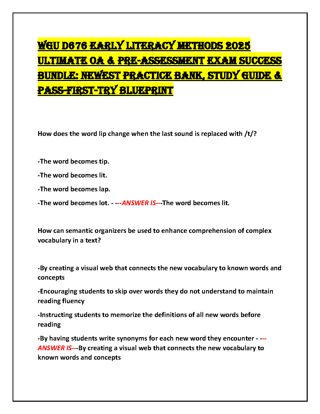 WGU D676 Early Literacy Methods Test Bank 2025