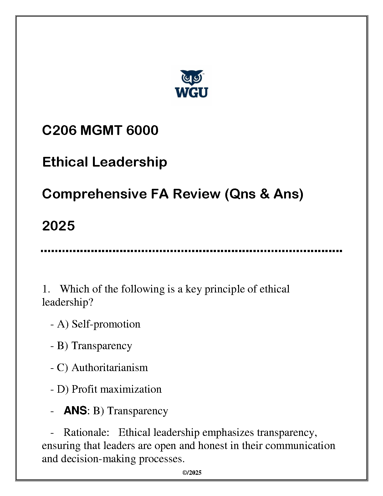 WGU C206 Mgmt 6000 Ethical Leadership FA Review Qs As 2025