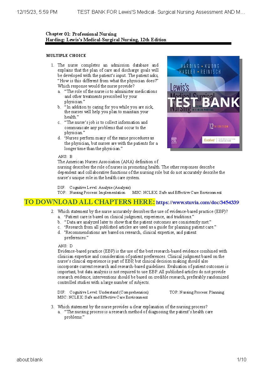 Medical Surgical Nursing Test Bank Lewis 12e 2026/27