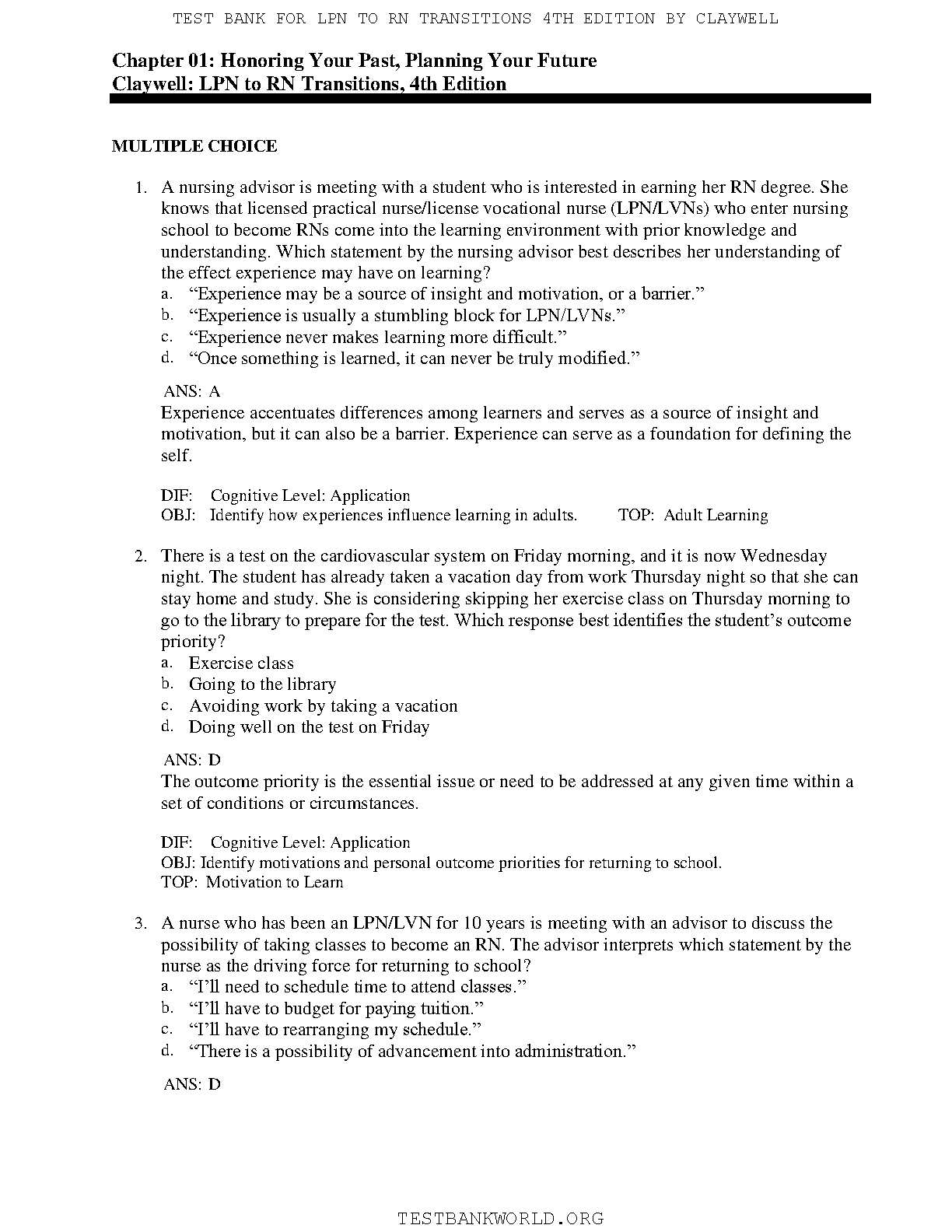 LPN to RN Transitions, 4th Edition TEST BANK