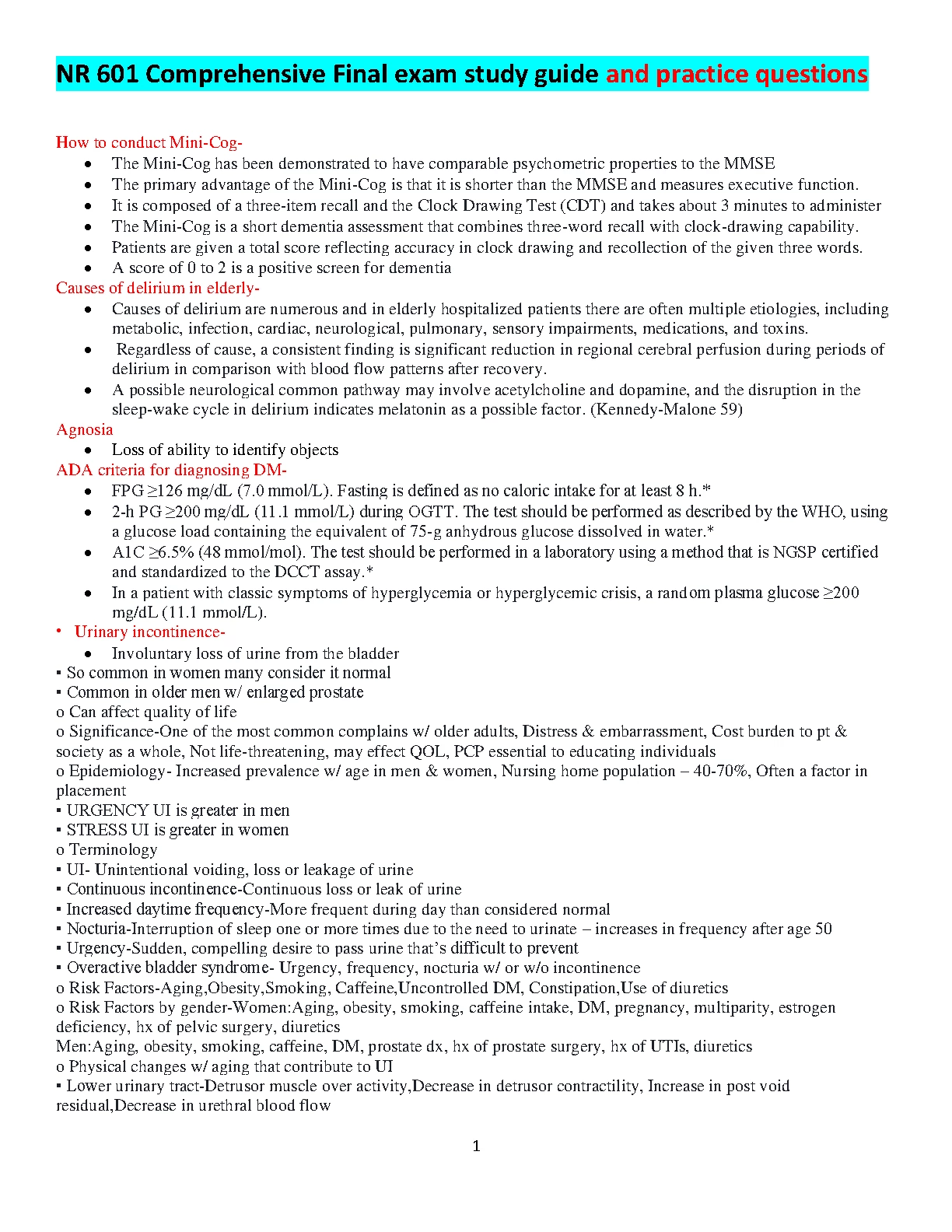 NR 601 Final Exam Study Guide Nursing Questions