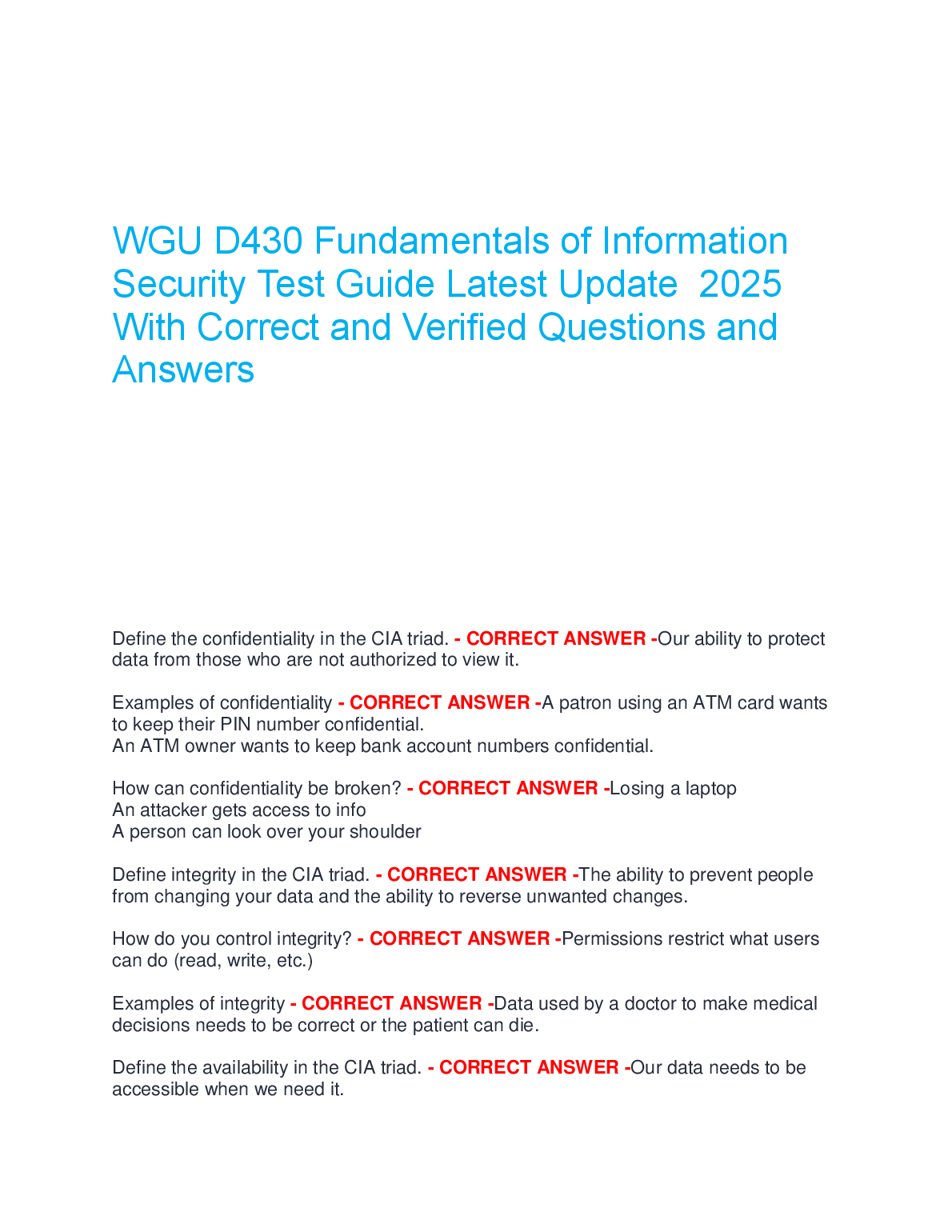 WGU D430 InfoSec Study Guide 2025 with Verified Qs & As