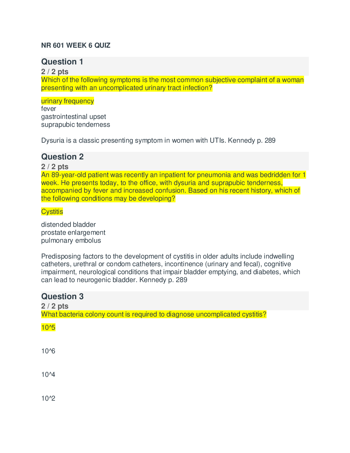 NR 601 Week 6 UTI Quiz Practice Questions and Answers