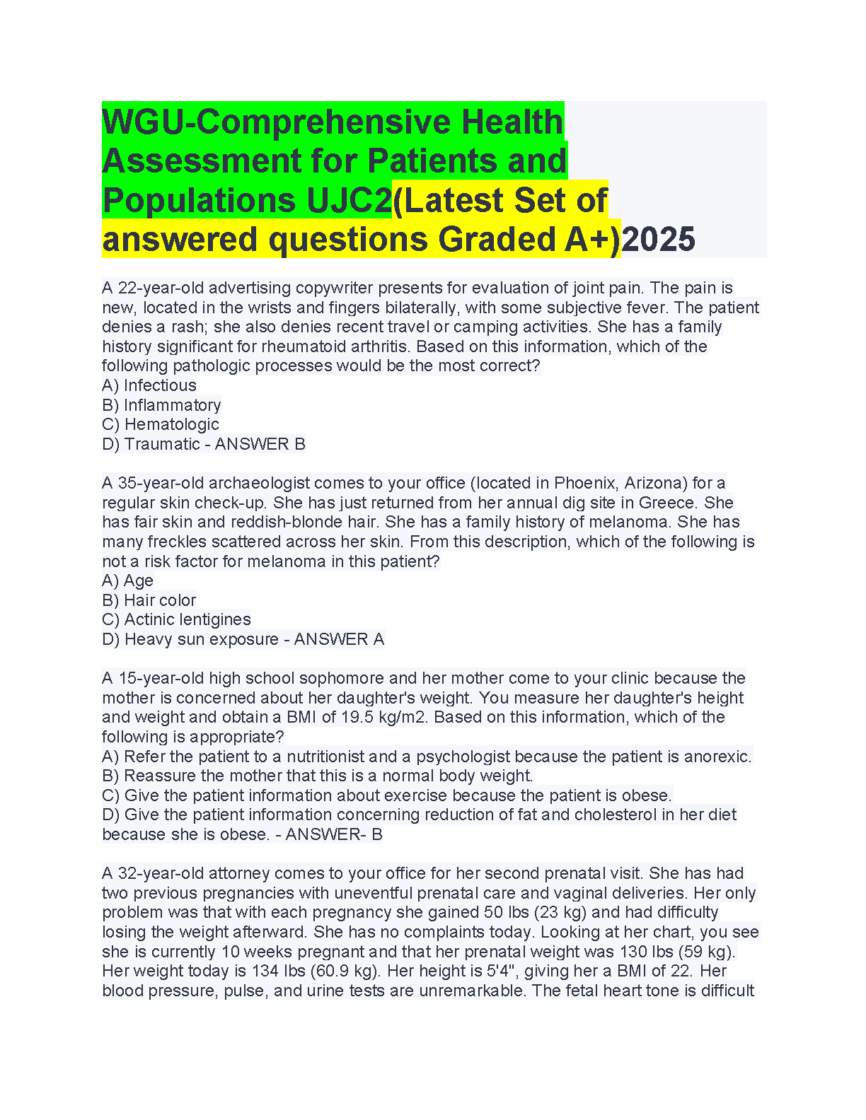WGU UJC2 Health Assessment Exam Prep & Answers