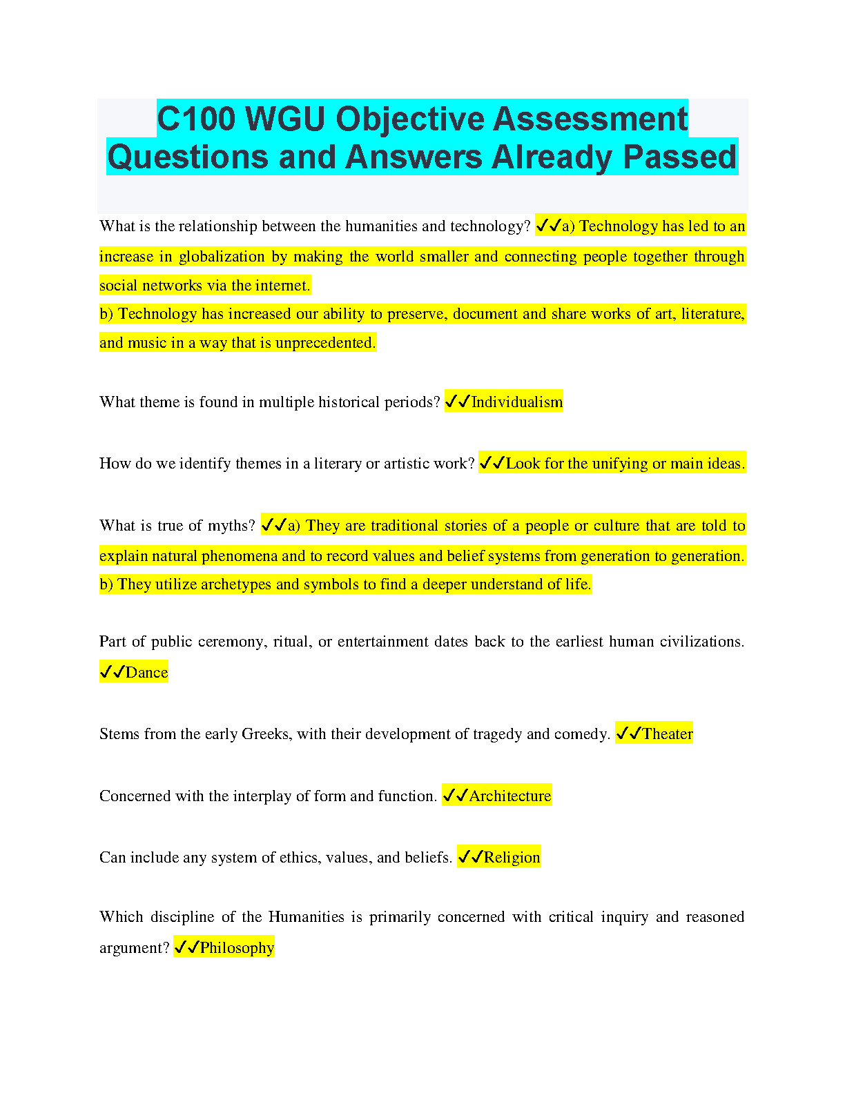 WGU C100 Humanities Exam Prep Test Bank 2025
