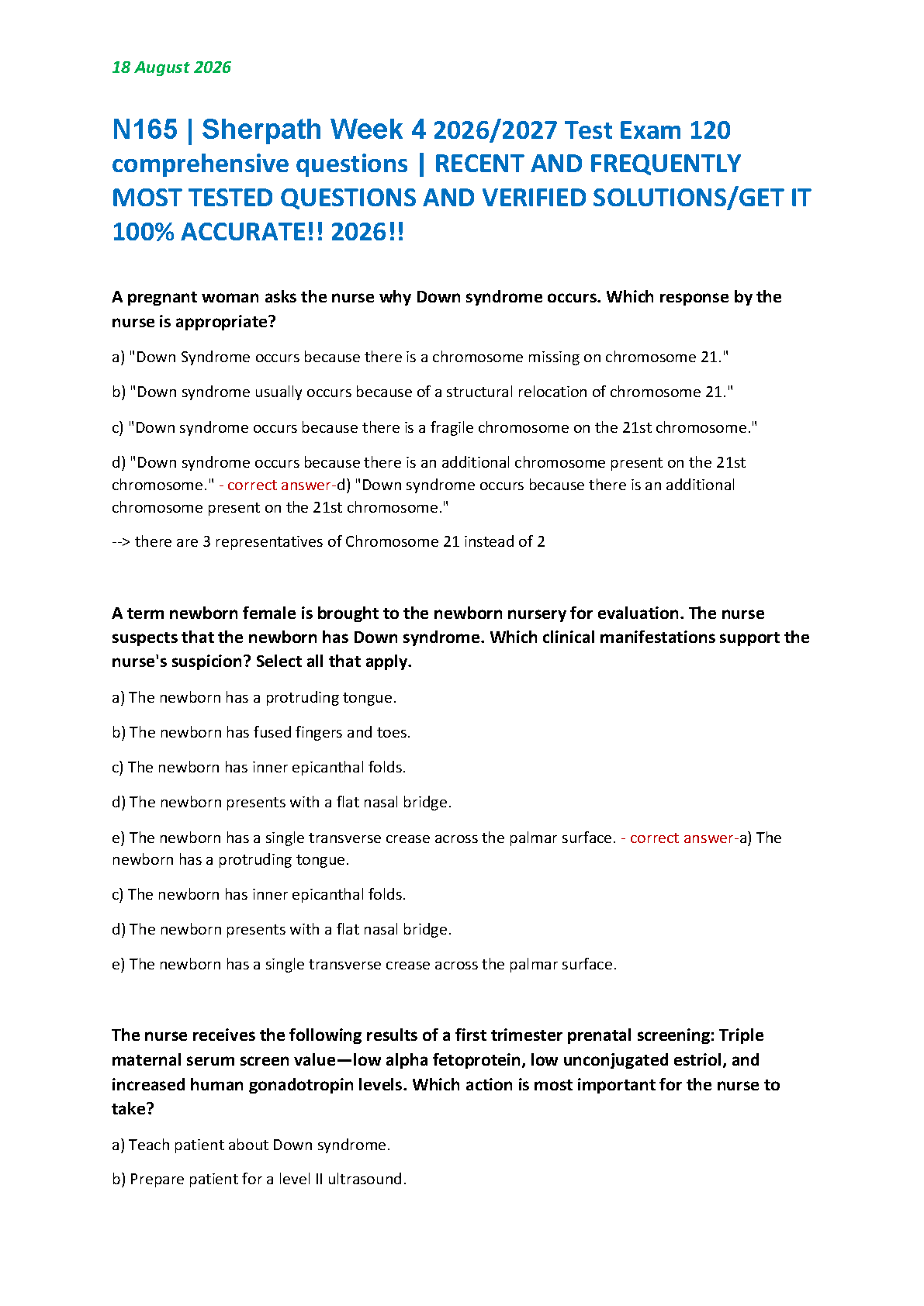 N165 Sherpath Week 4 Test Bank 2026-27 Verified Qs