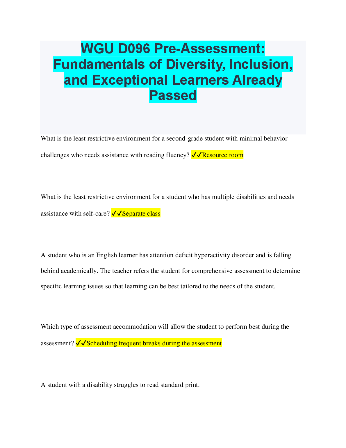 WGU D096 Pre-Assessment Prep Guide for Diverse Learners