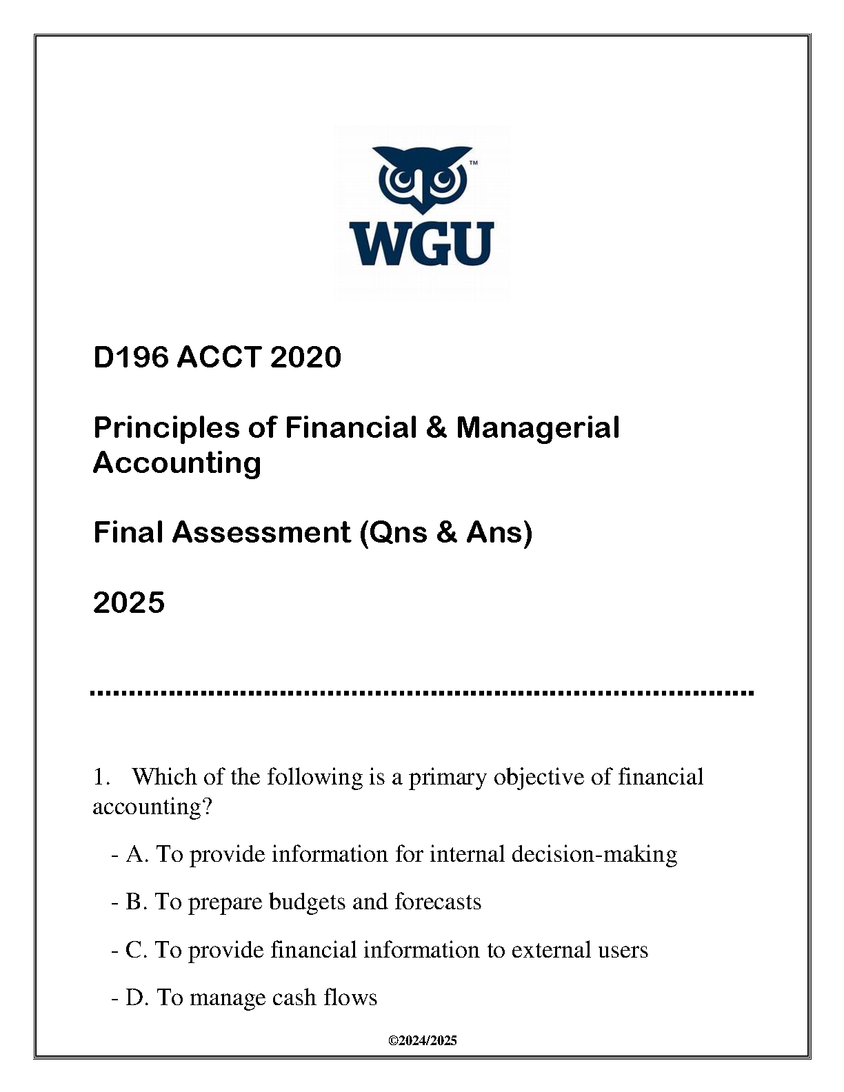 WGU D196 Accounting Final Assessment Questions Answers 2025 IMG-1