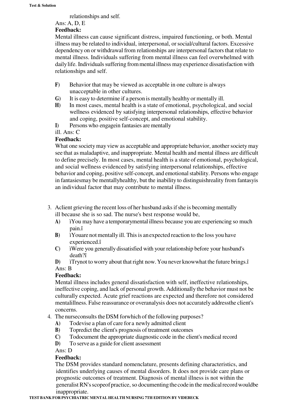 Psychiatric Mental Health Nursing 7th Edition TEST BANK