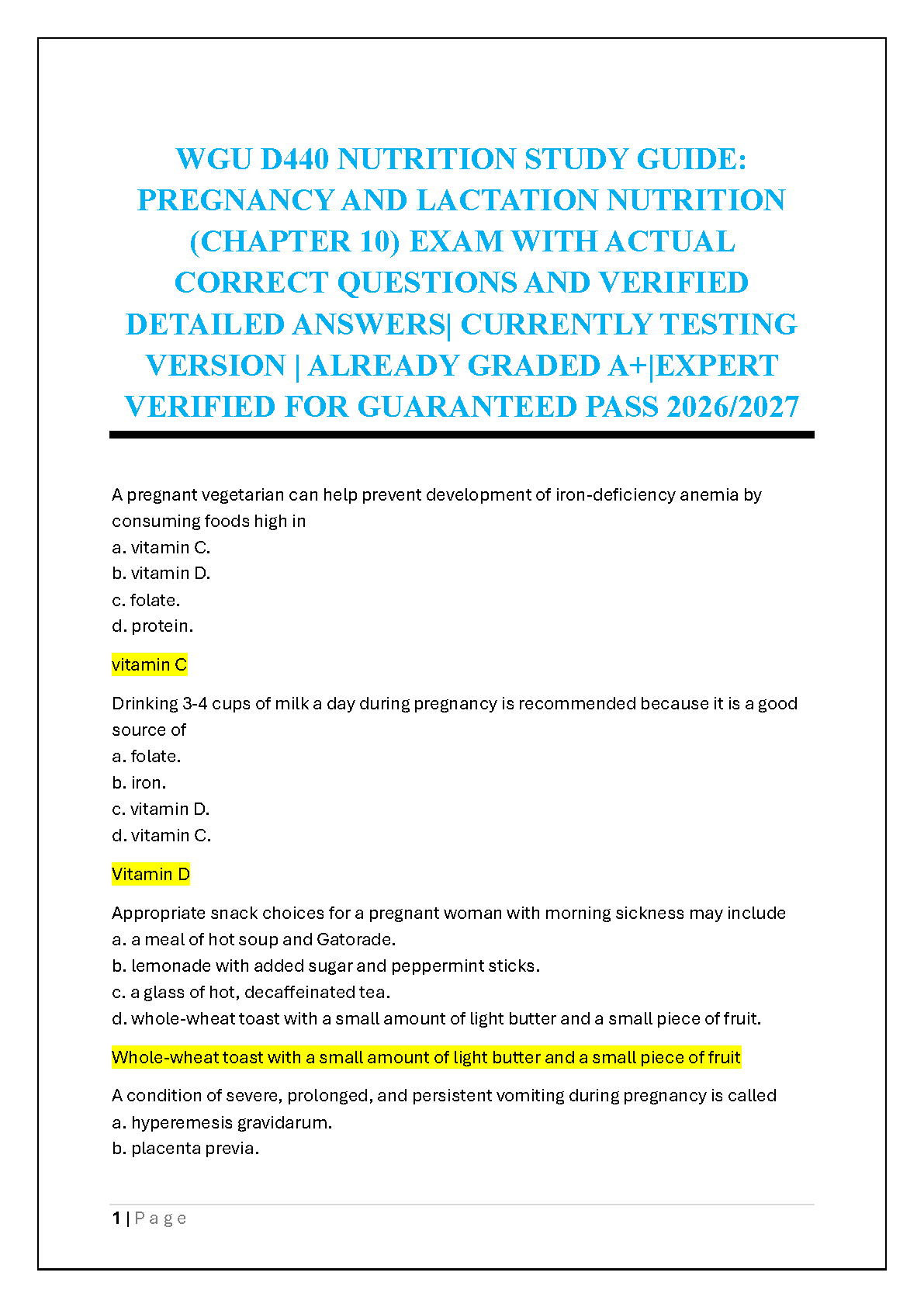 WGU D440 Nutrition Ch 10 Pregnancy & Lactation Exam Prep 2026-27 IMG-1