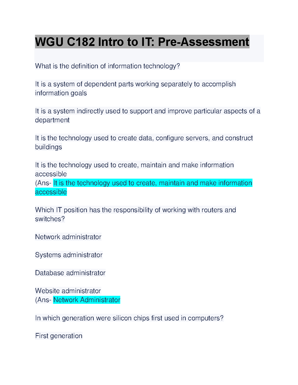 WGU C182 Intro to IT Pre-Assessment Practice Test 2024/2025