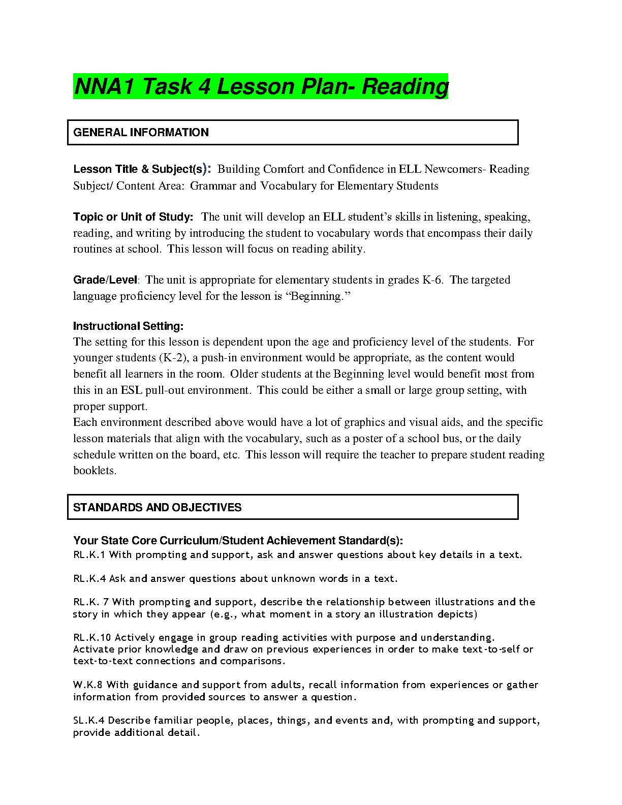 WGU NNA1 Task 4 Reading Lesson Plan 2025 A+ Guide