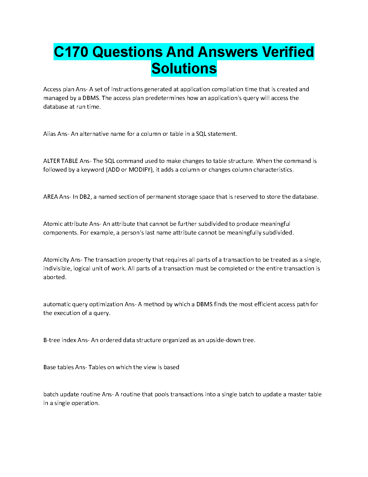 WGU C170 Data Management Test Bank with Solutions