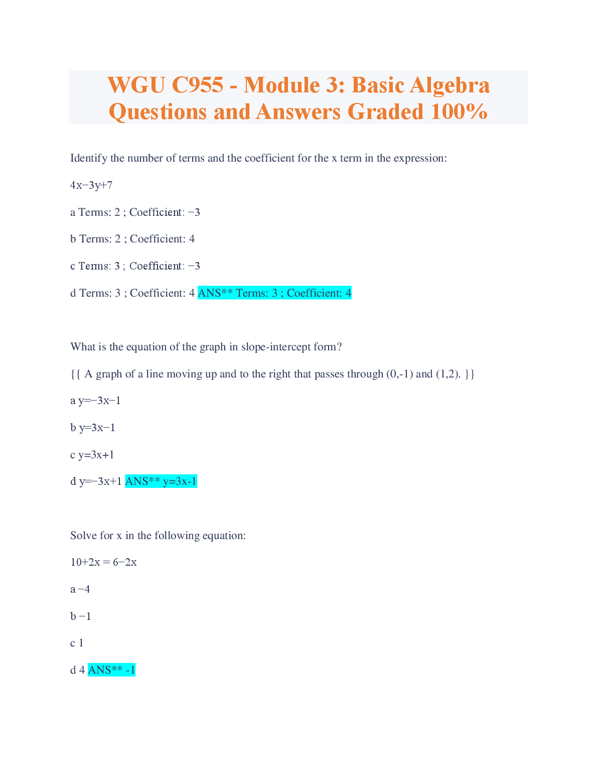 WGU C955 Module 3 Basic Algebra Q&A | Full Solutions