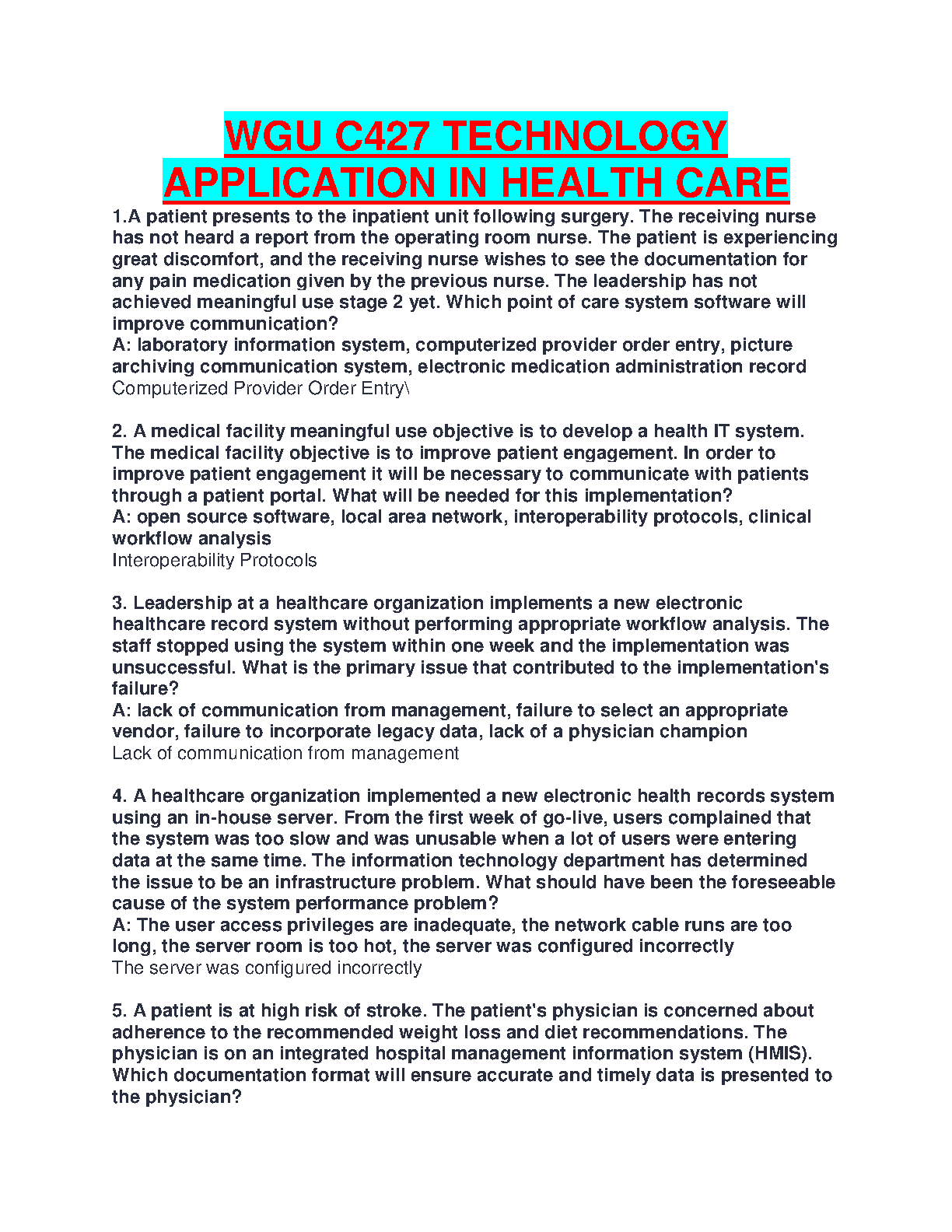 WGU C427 Tech App in Health Care Study Guide 2024