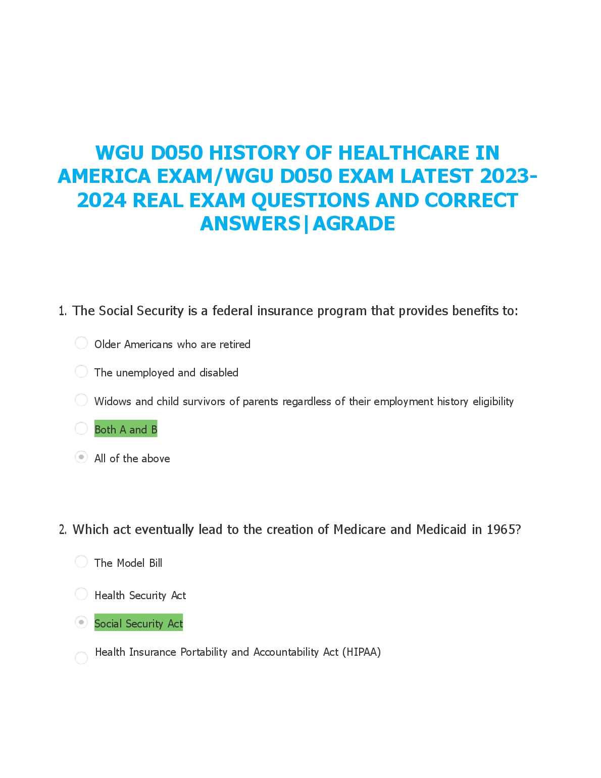 WGU D050 History of Healthcare in America Exam Prep 2024