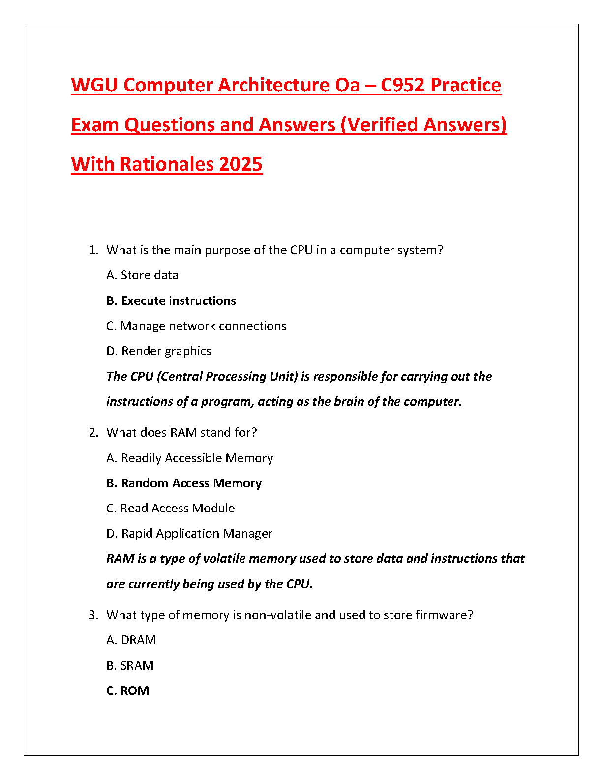 WGU C952 Computer Architecture Practice Exam 2025