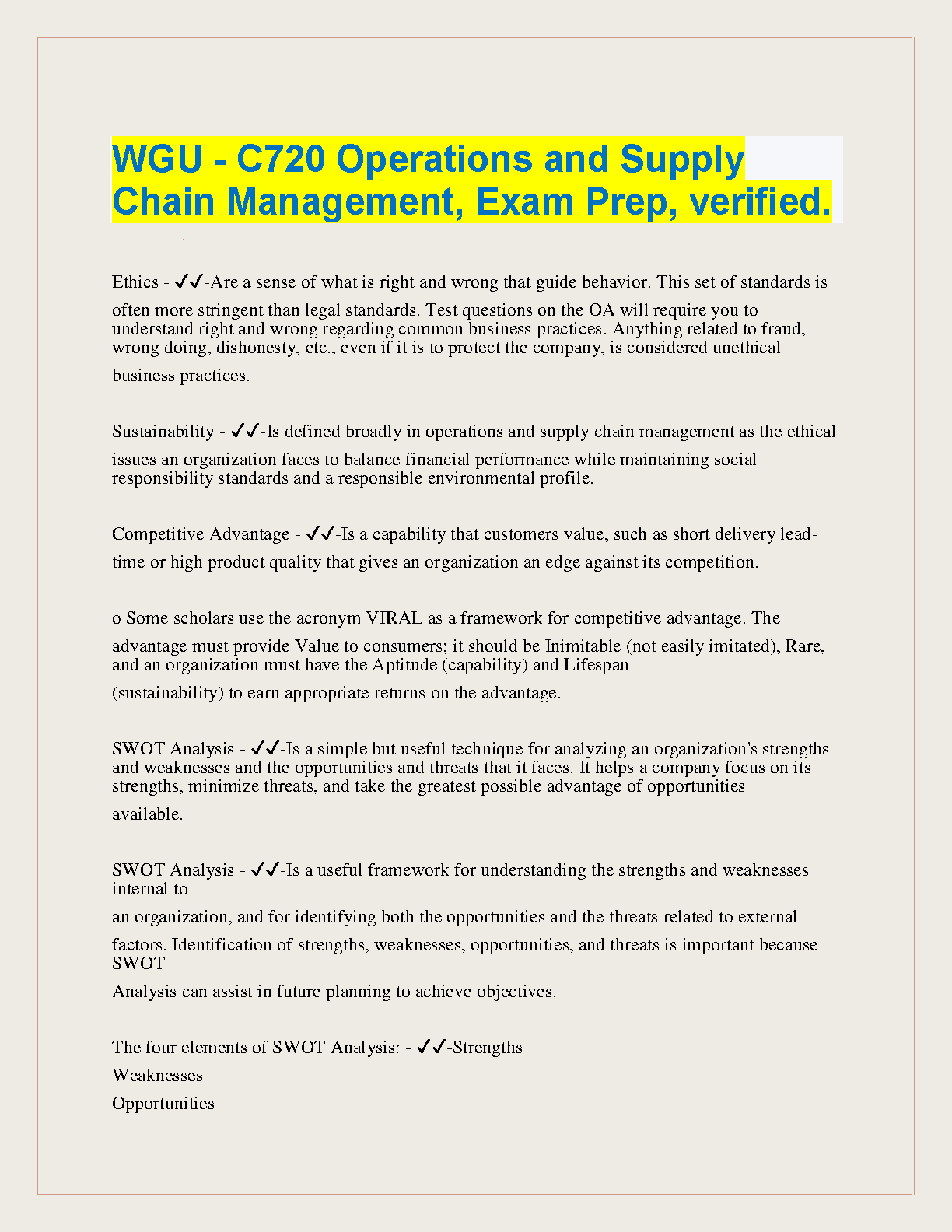 WGU C720 Ops & SCM Exam Guide 2024-2025: Ethics, SWOT, Strategy IMG-1