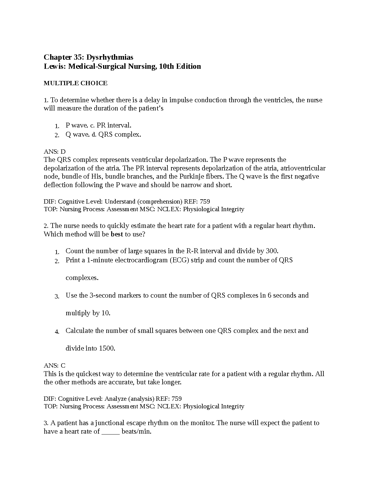 Dysrhythmia Test Bank Lewis Med Surg 2026/27