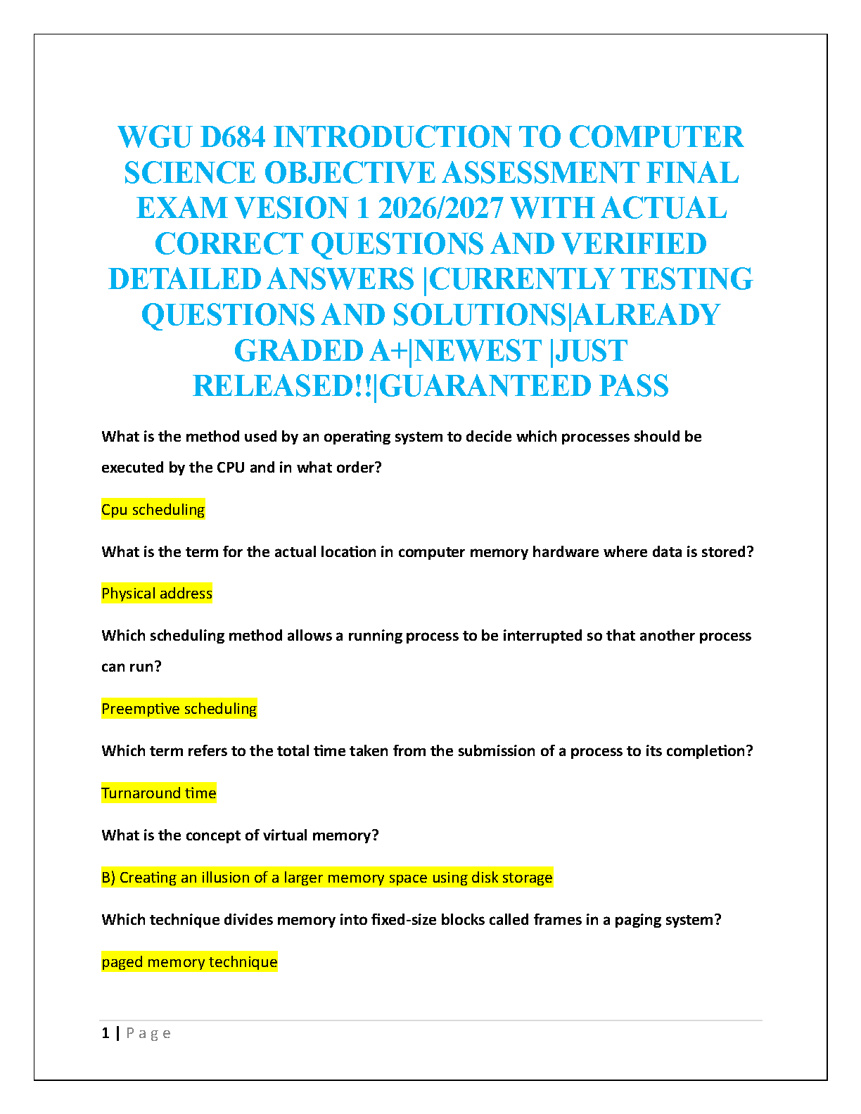 WGU D684 Intro to Comp Sci Test Bank 2026 Answers