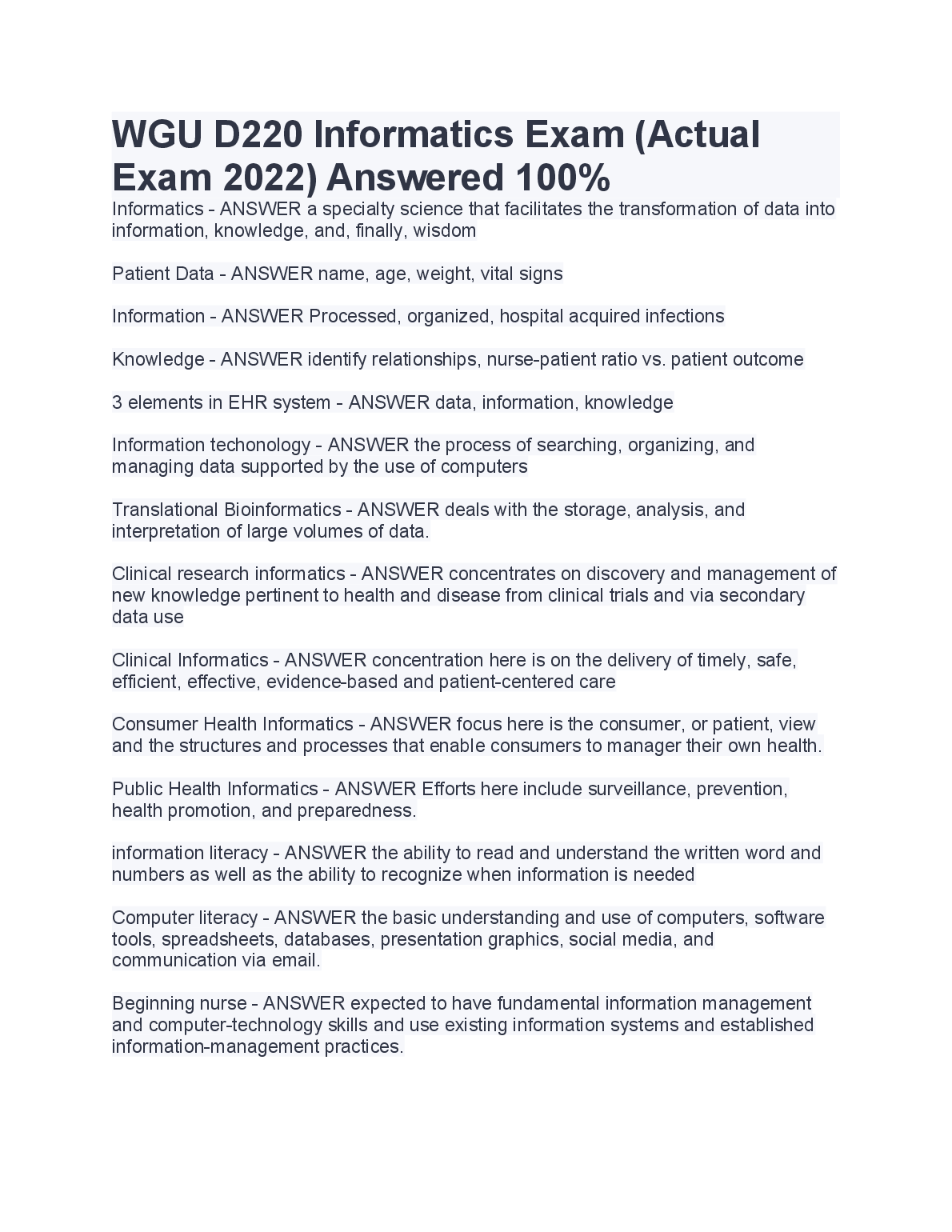 WGU D220 Informatics Exam Questions And Answers 2023
