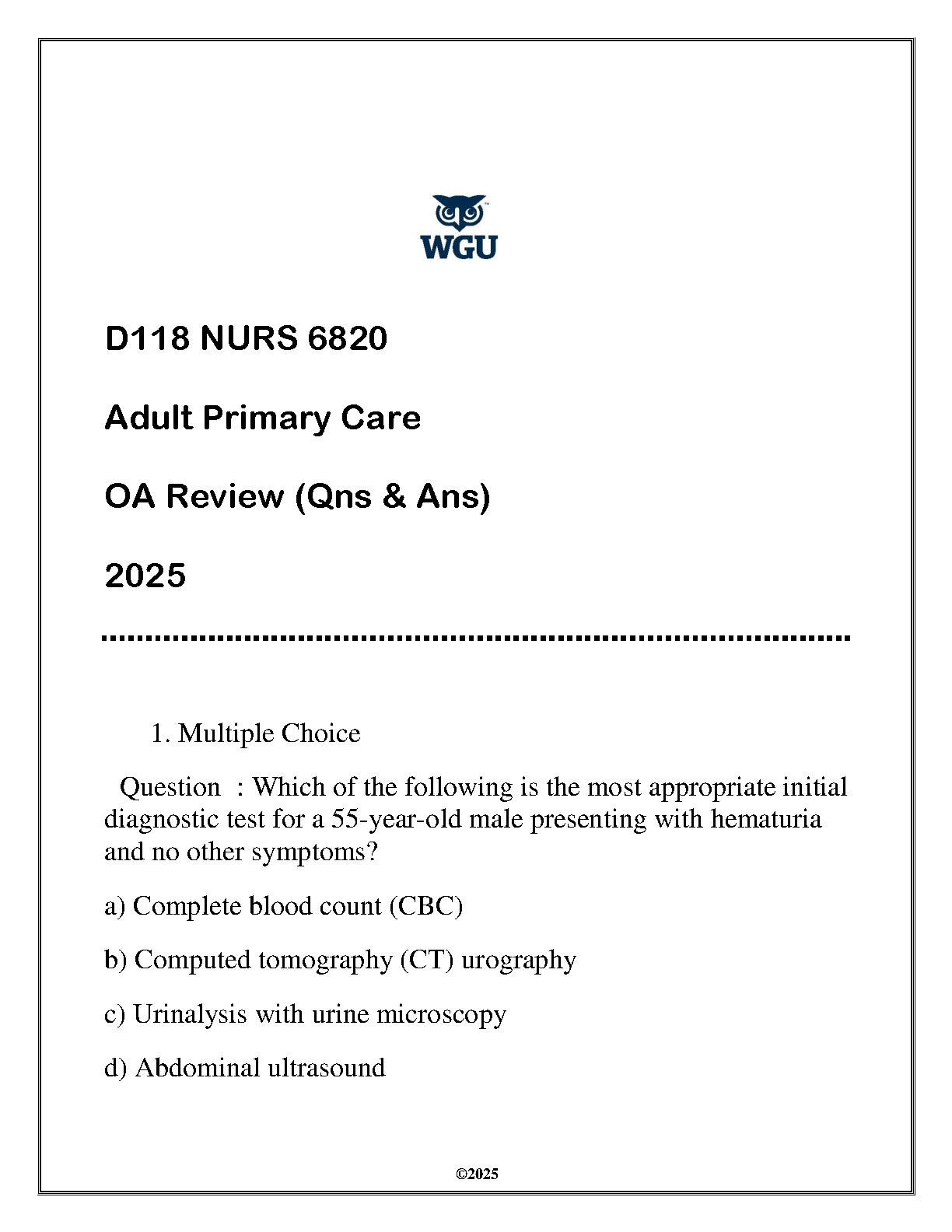NURS 6820 Adult Primary Care OA Review Questions 2025 WGU