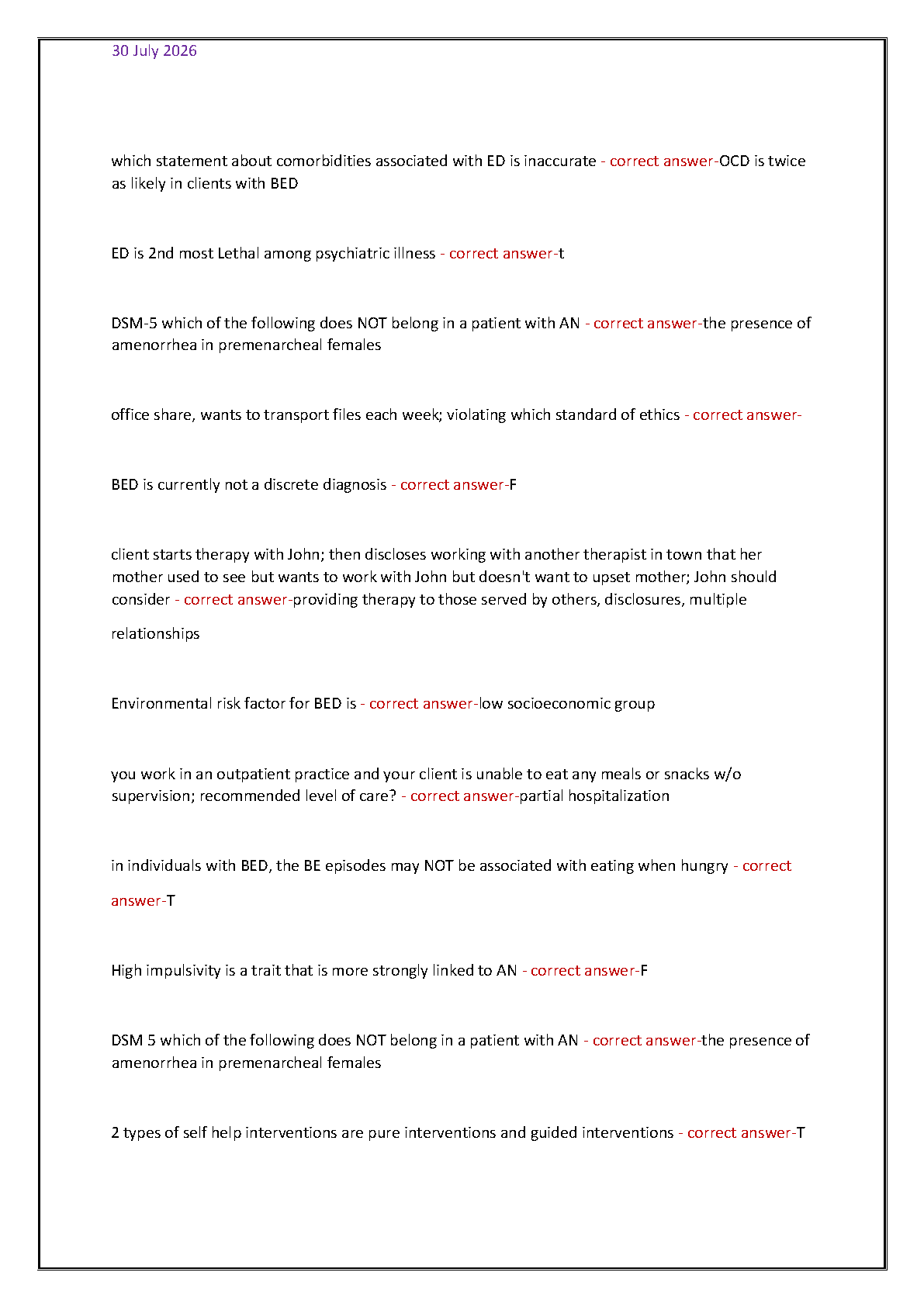 IAEDP Eating Disorders Test Bank 2026