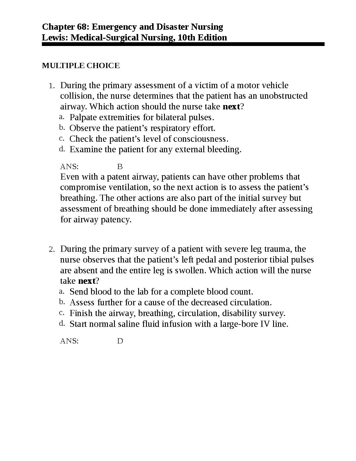 Lewis Med Surg Test Bank Emergency Disaster 2026/27
