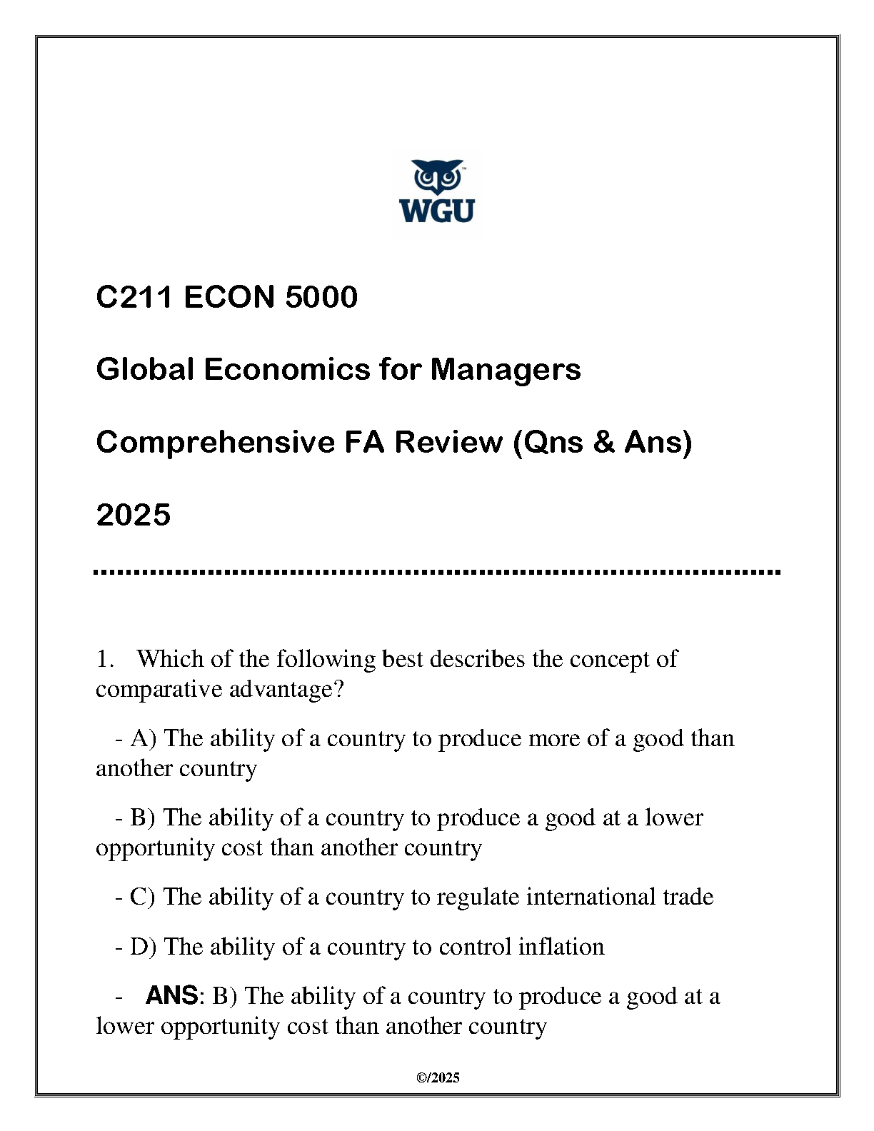 WGU C211 Global Economics Exam Review 2025 QA IMG-1