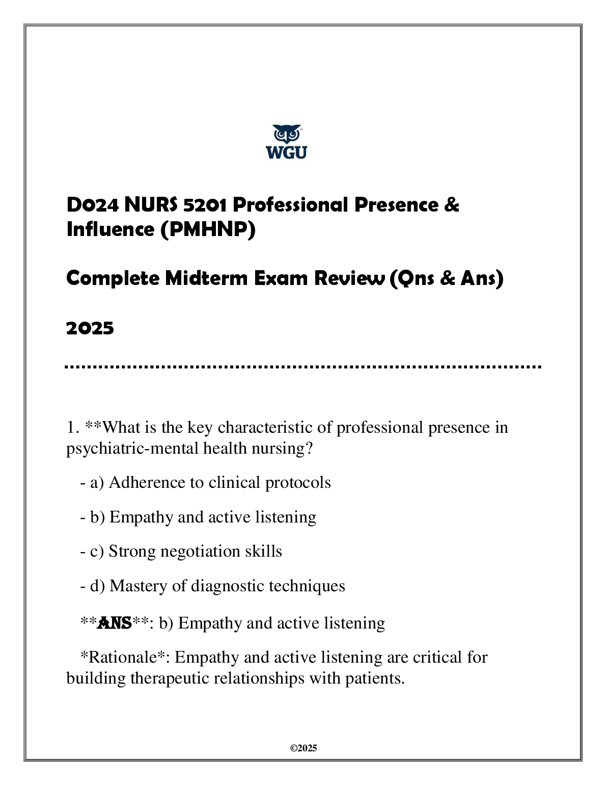 NURS 5201 PMHNP Midterm Study Guide 2025 Q&A Review