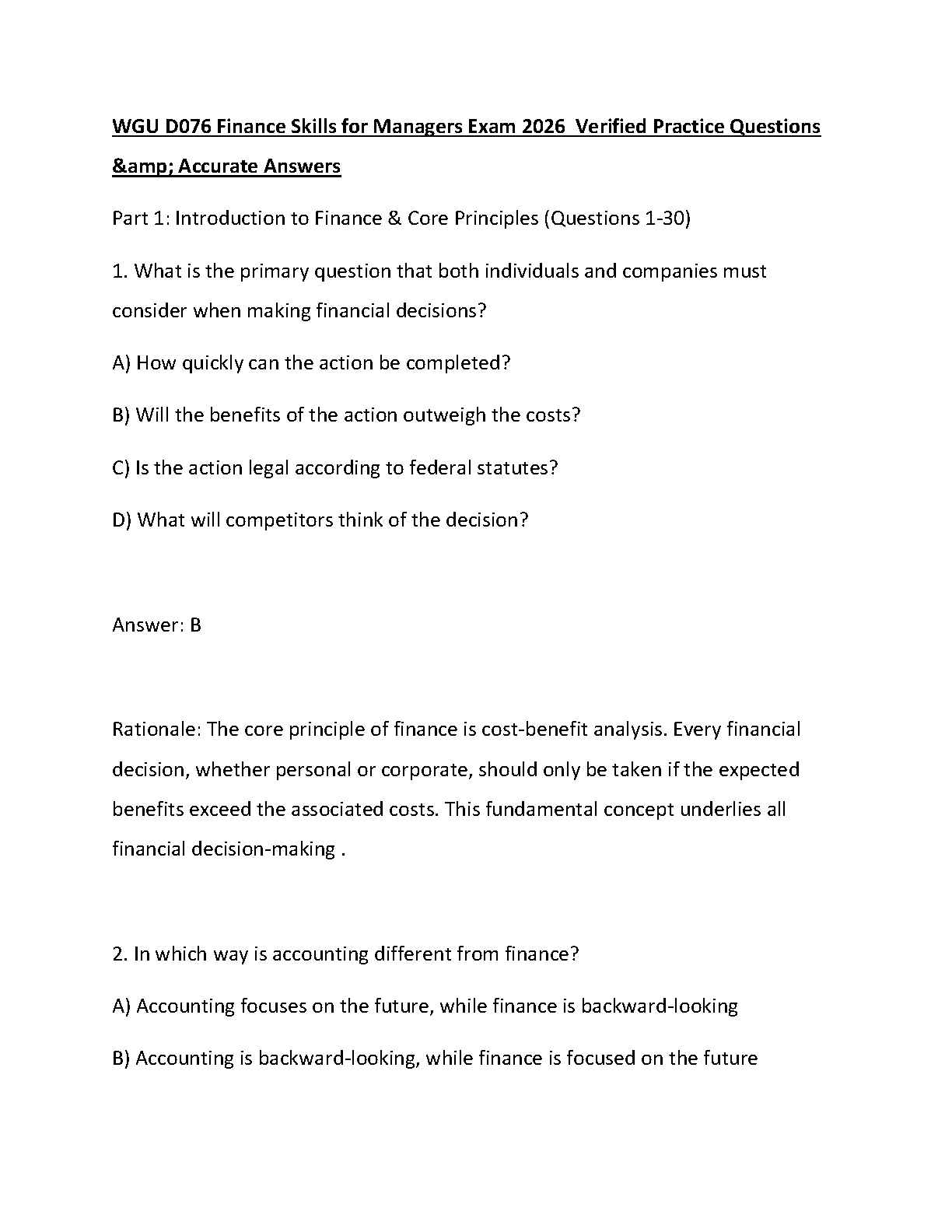 WGU D076 Finance Skills for Managers Exam Prep 2026