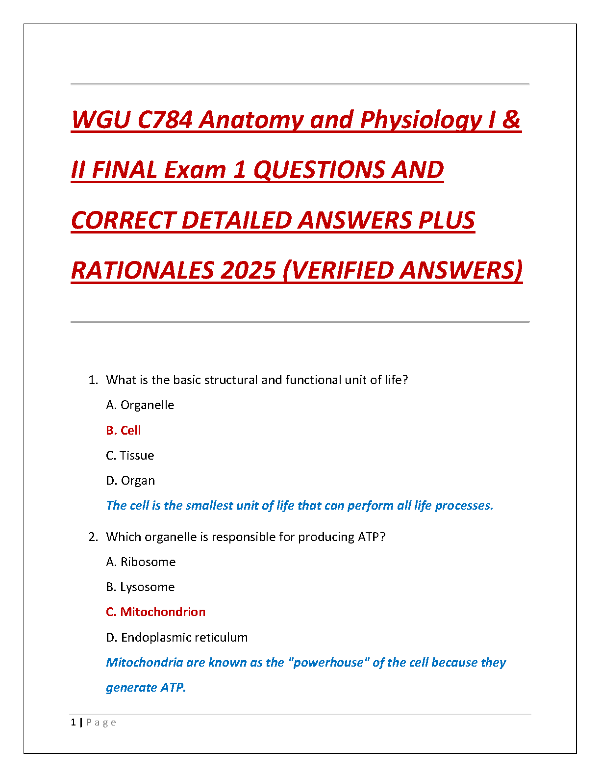 WGU C784 A&P I & II Final Exam 1 Test Bank 2025 Answers