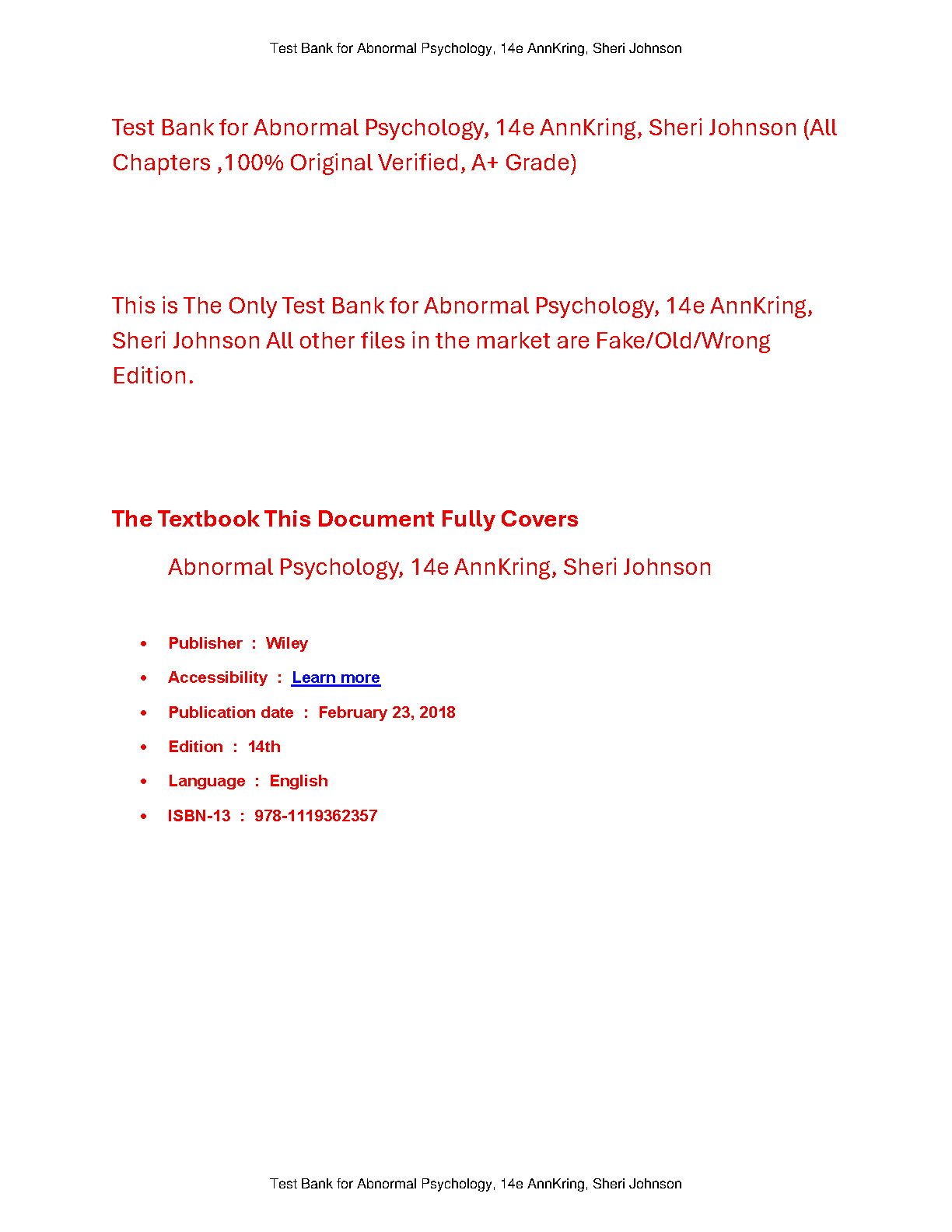 Abnormal Psychology 14e Test Bank Kring Johnson Solutions IMG-1