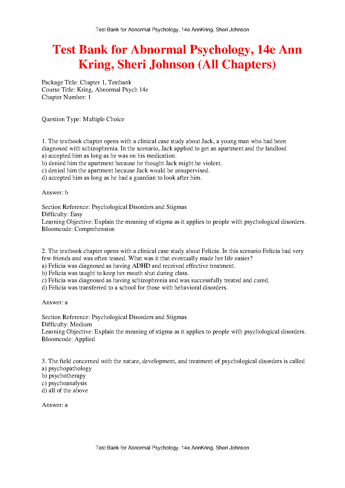 Abnormal Psychology 14e Test Bank Kring Johnson Solutions