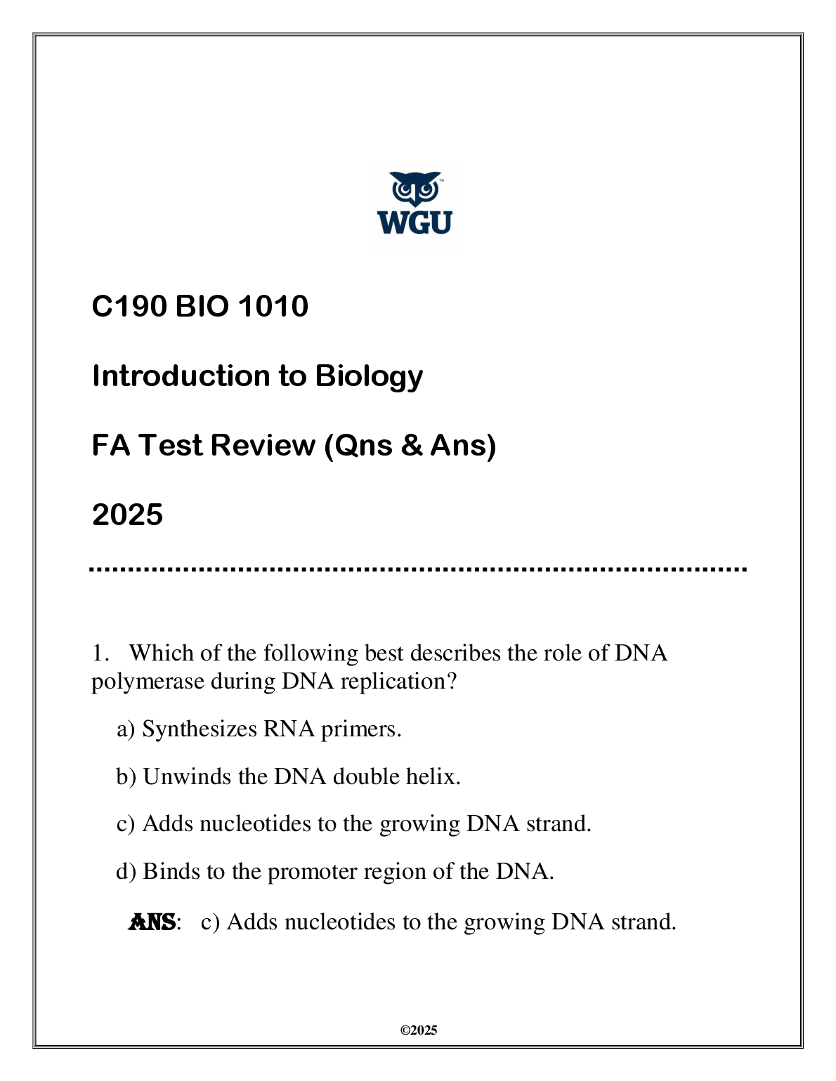 WGU C190 Intro to Bio Final Exam Questions