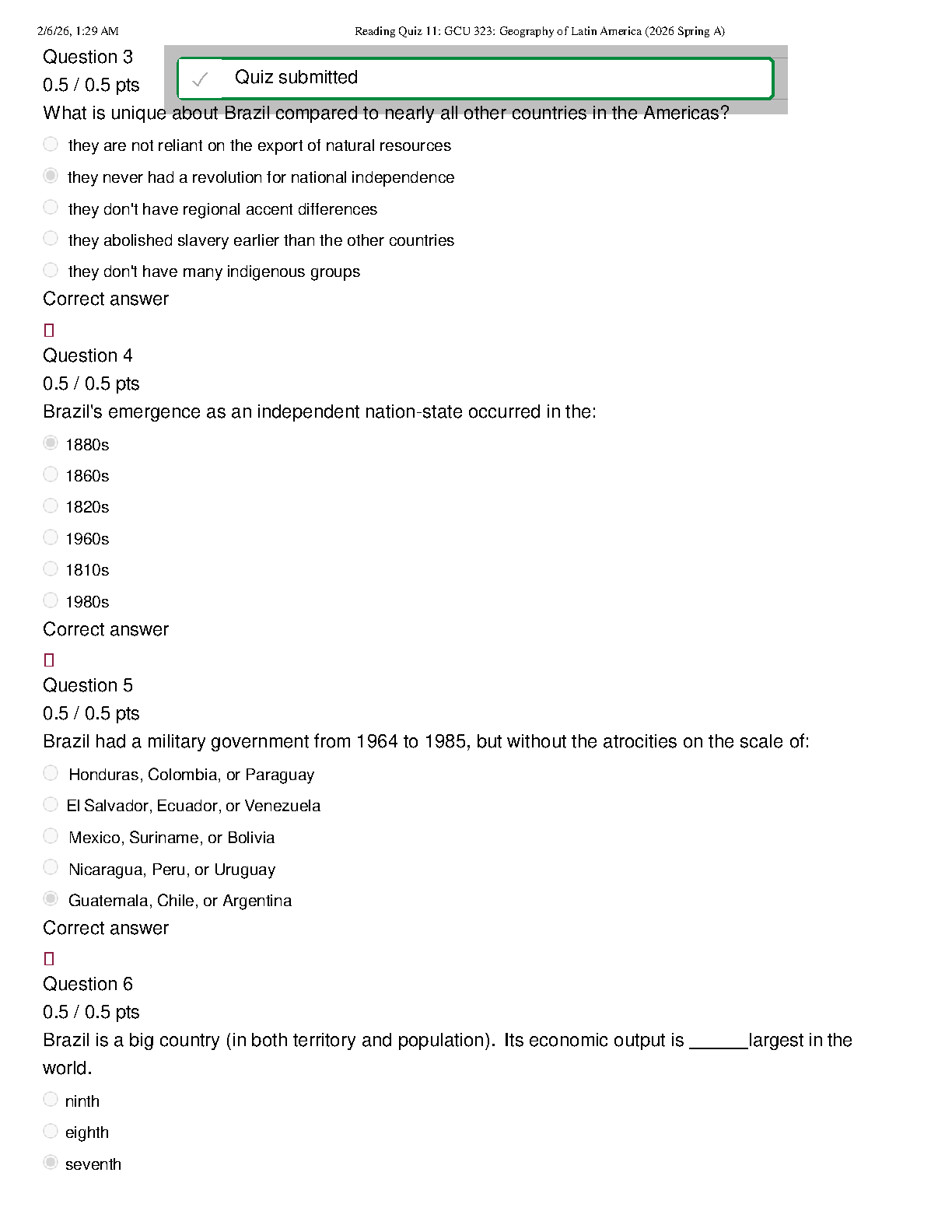GCU 323 Reading Quiz 11 Answer Key 2026 Geography Test Bank