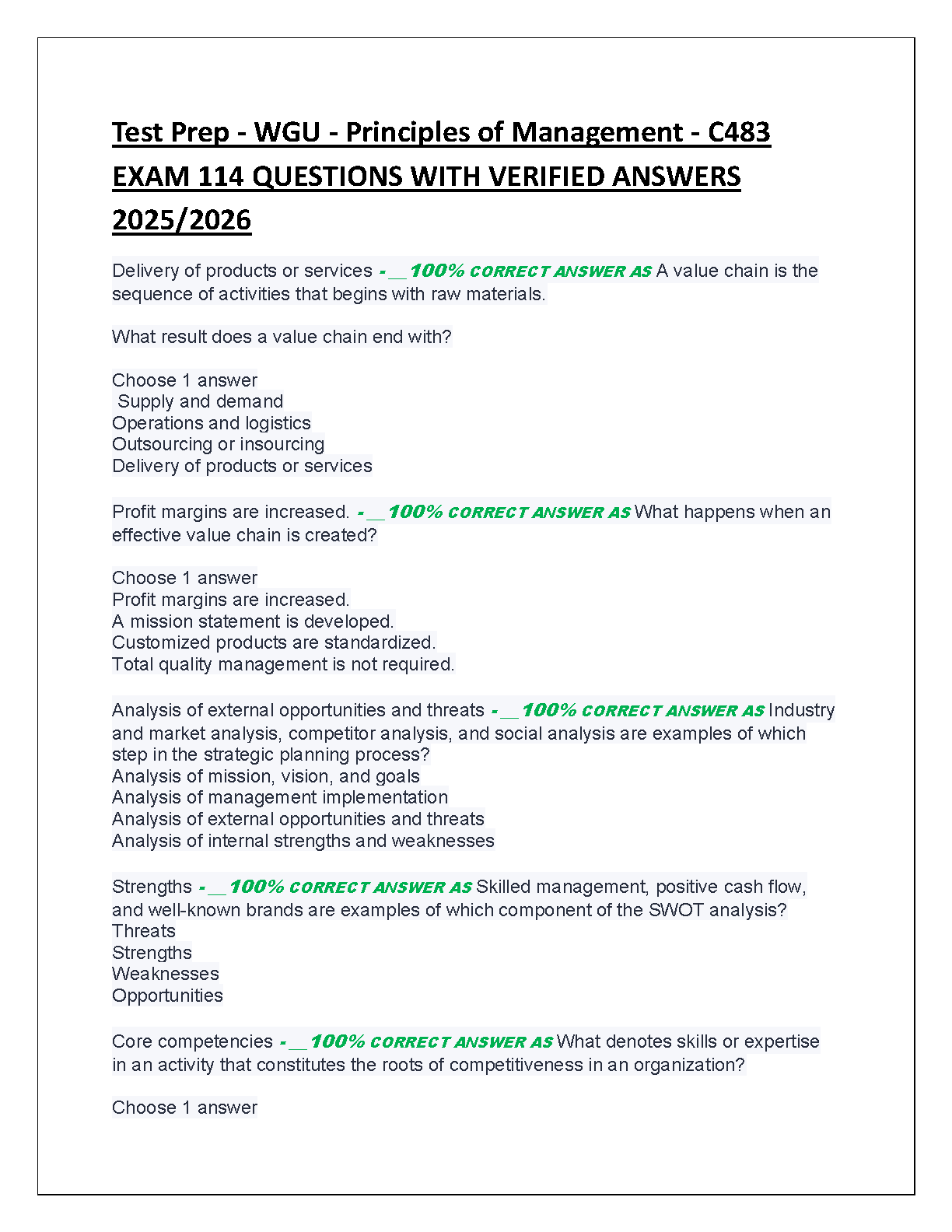WGU C483 Principles of Management Test Bank 114 QA