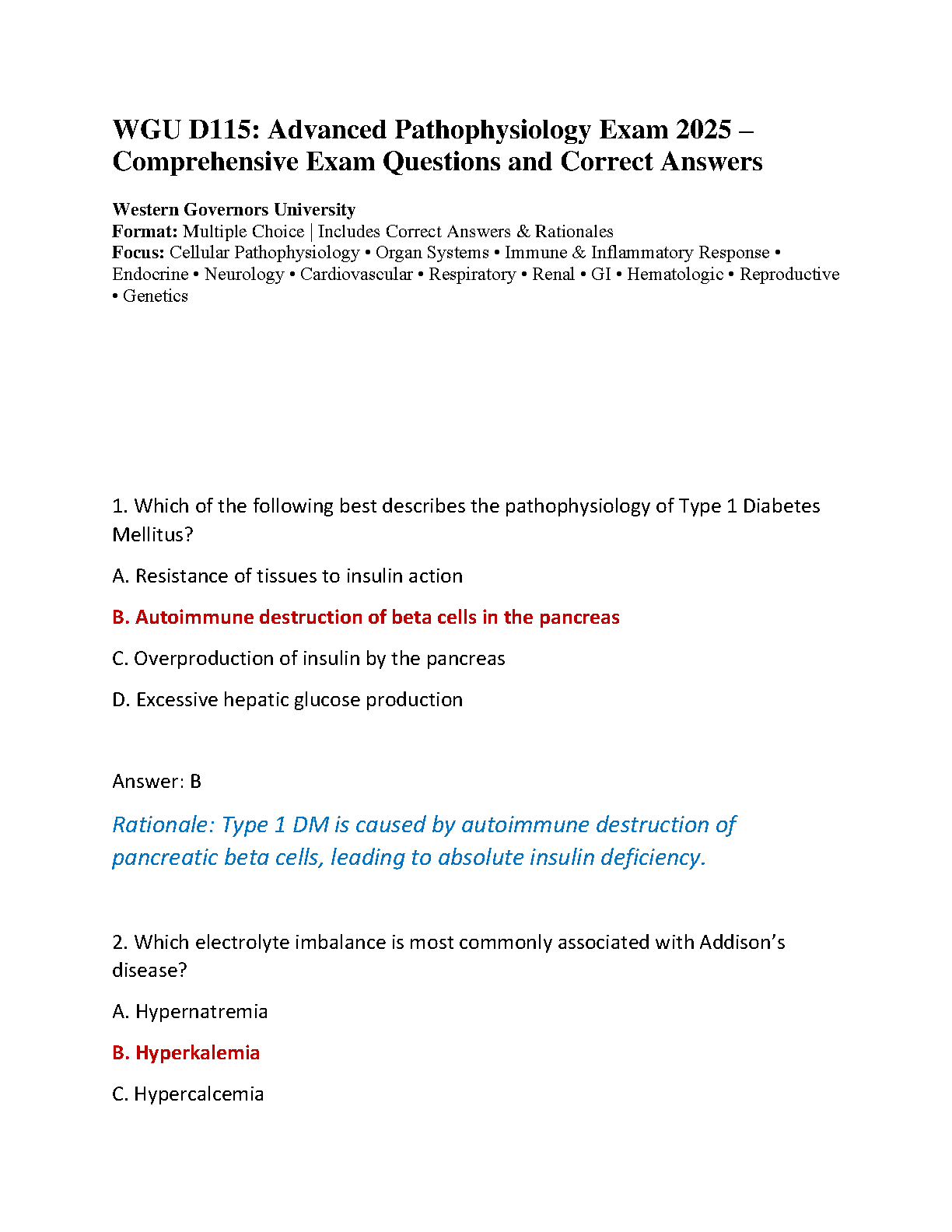 WGU D115 Advanced Pathophysiology Exam Qs Asns 2025