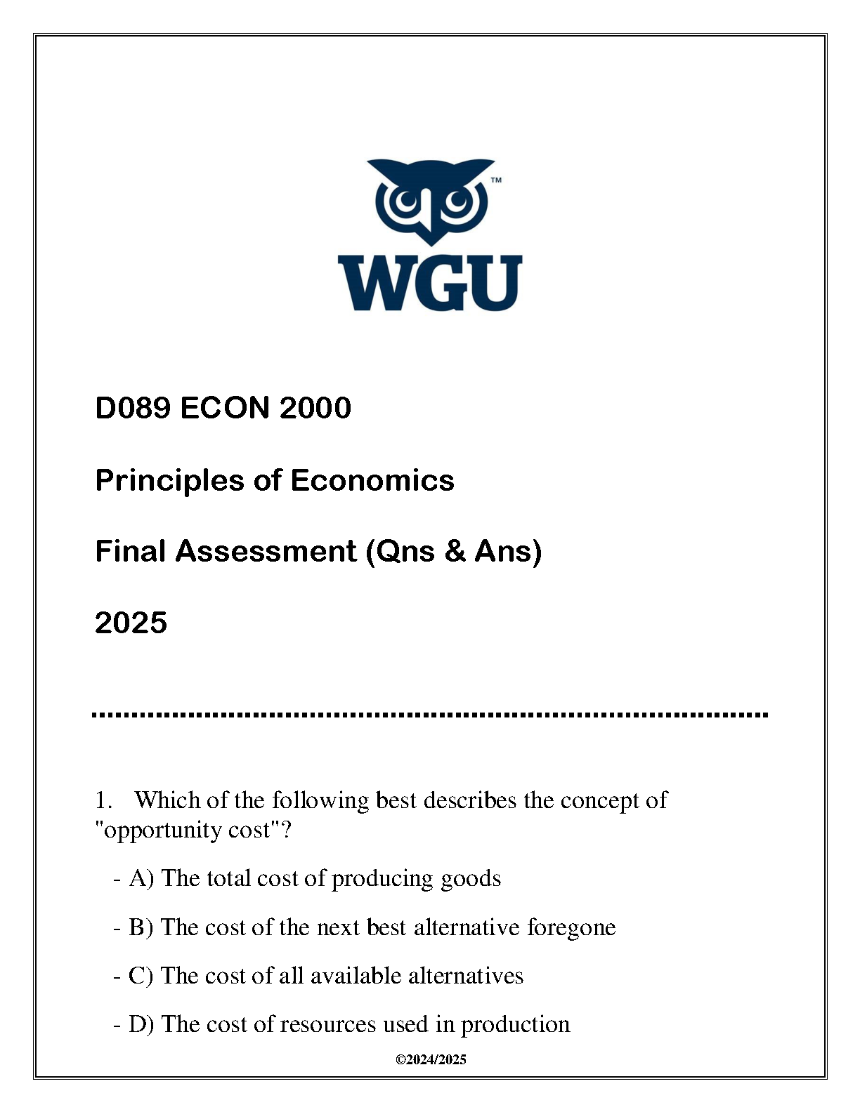 WGU ECON 2000 Principles of Economics Q&A 2025